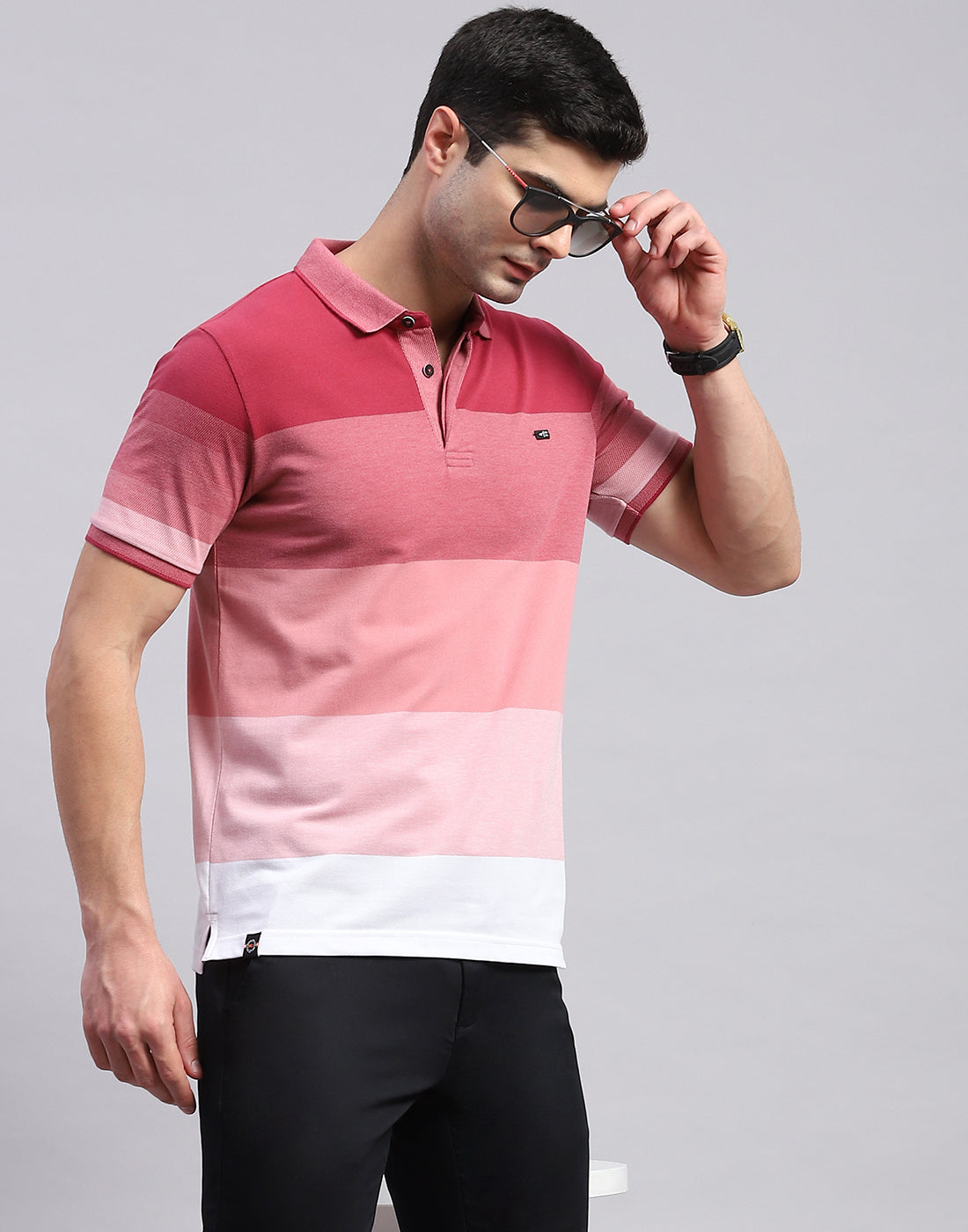 Men Pink Stripe Polo Collar Half Sleeve T-Shirt