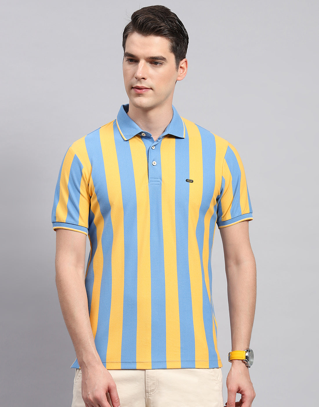 Men Yellow Stripe Polo Collar Half Sleeve T-Shirt