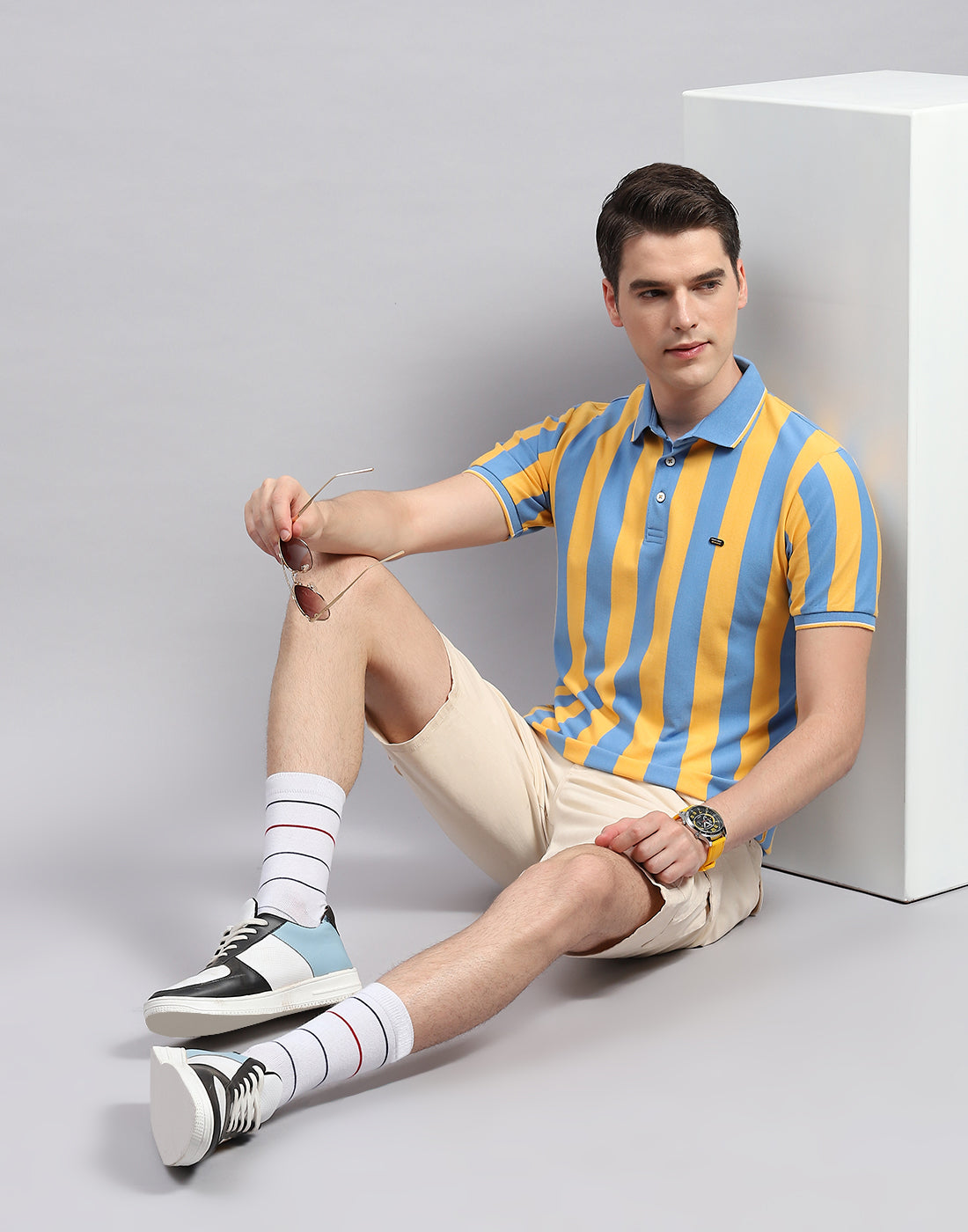 Men Yellow Stripe Polo Collar Half Sleeve T-Shirt