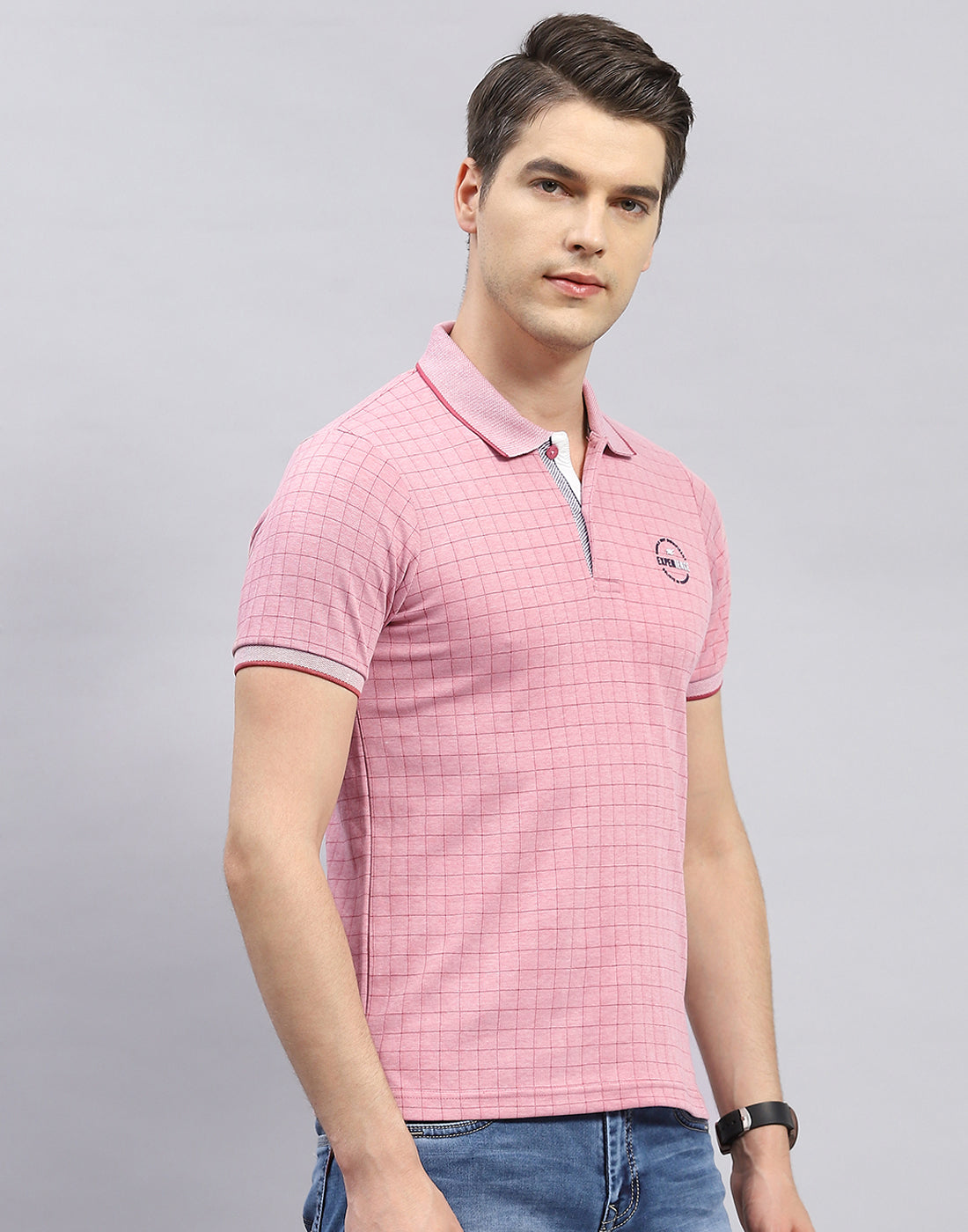 Men Pink Stripe Polo Collar Half Sleeve T-Shirt
