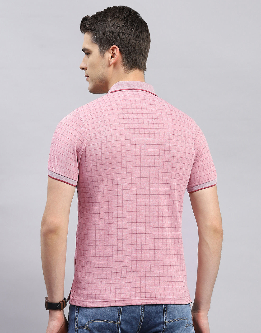 Men Pink Stripe Polo Collar Half Sleeve T-Shirt