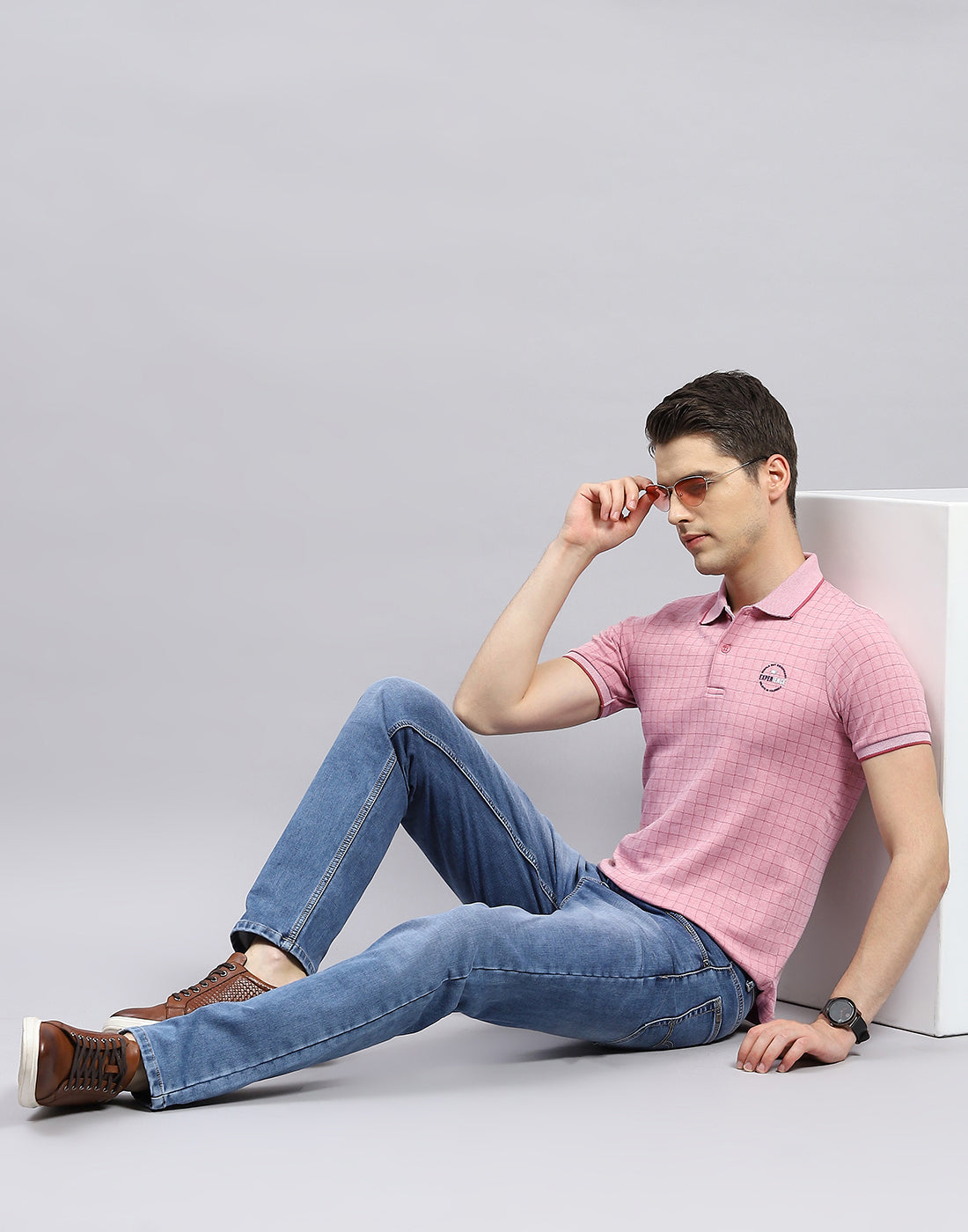 Men Pink Stripe Polo Collar Half Sleeve T-Shirt