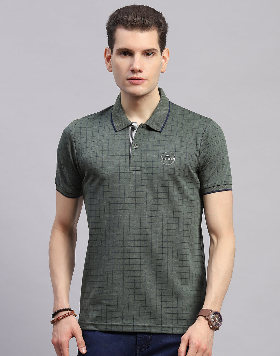 Men Olive Stripe Polo Collar Half Sleeve T-Shirt