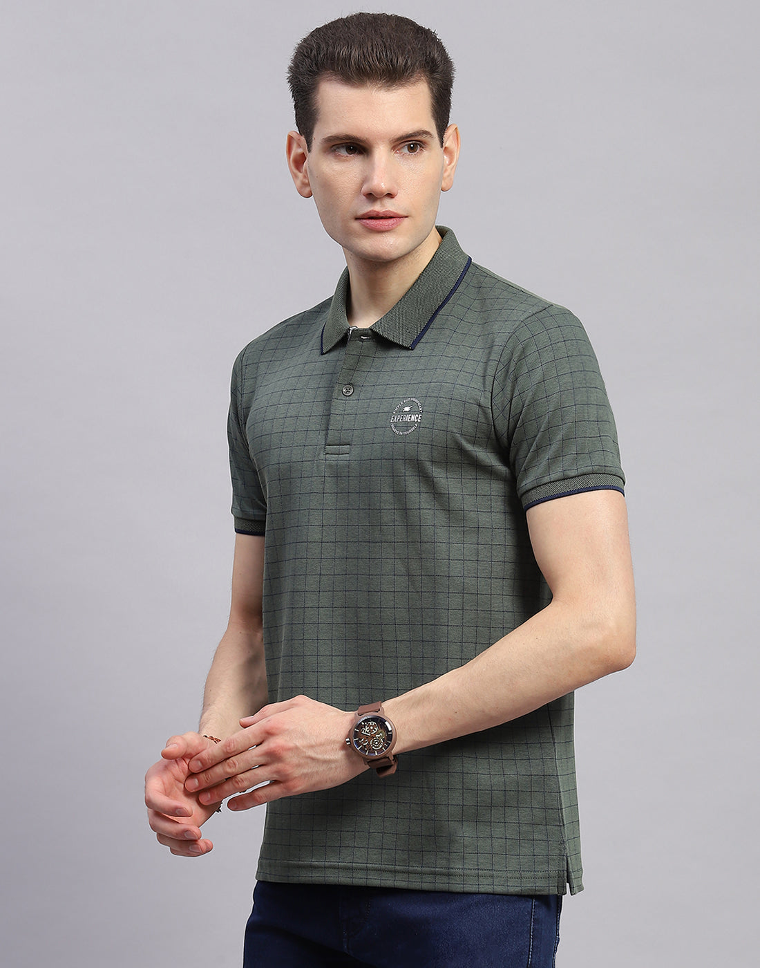Men Olive Stripe Polo Collar Half Sleeve T-Shirt