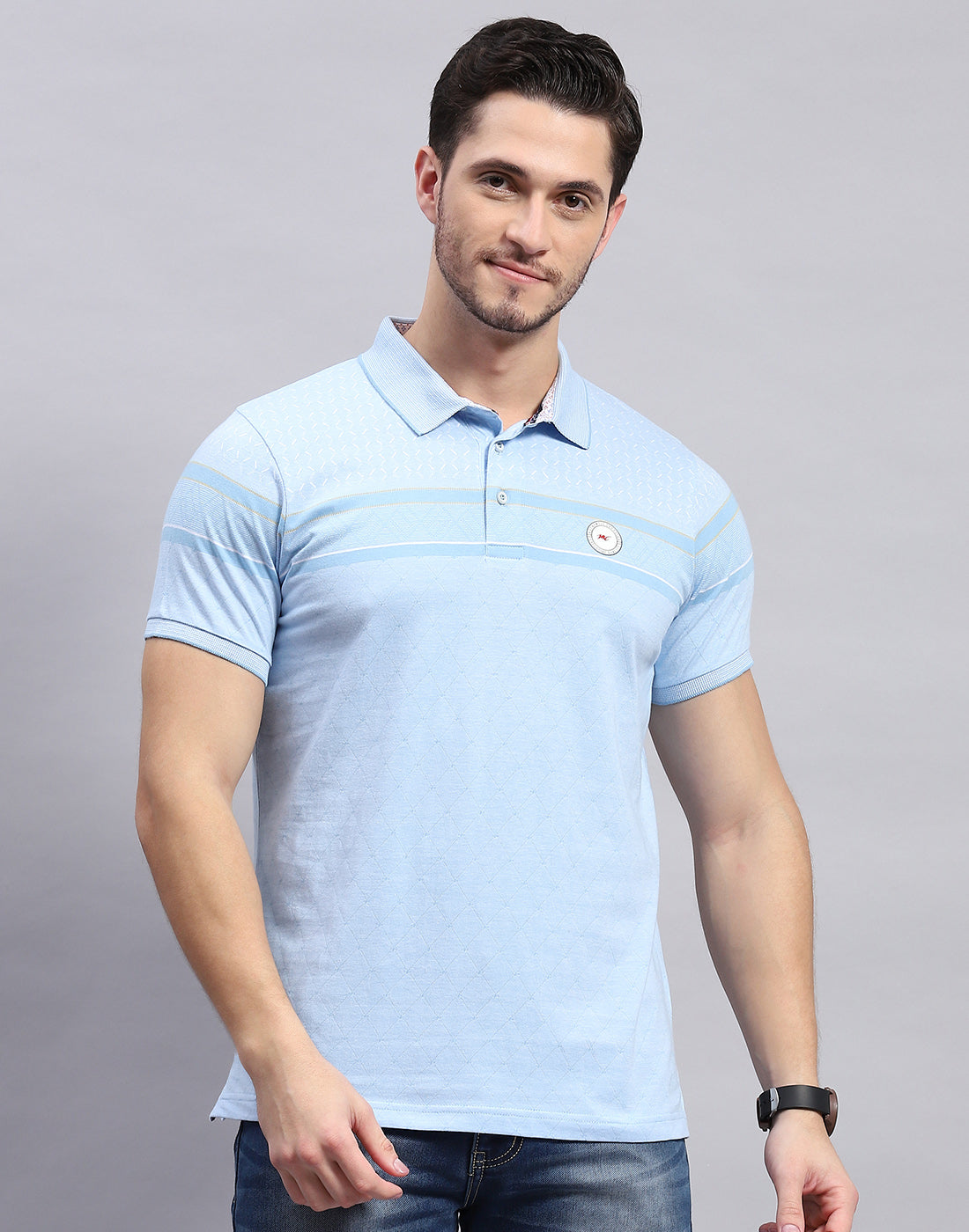 Men Sky Blue Stripe Polo Collar Half Sleeve T-Shirt