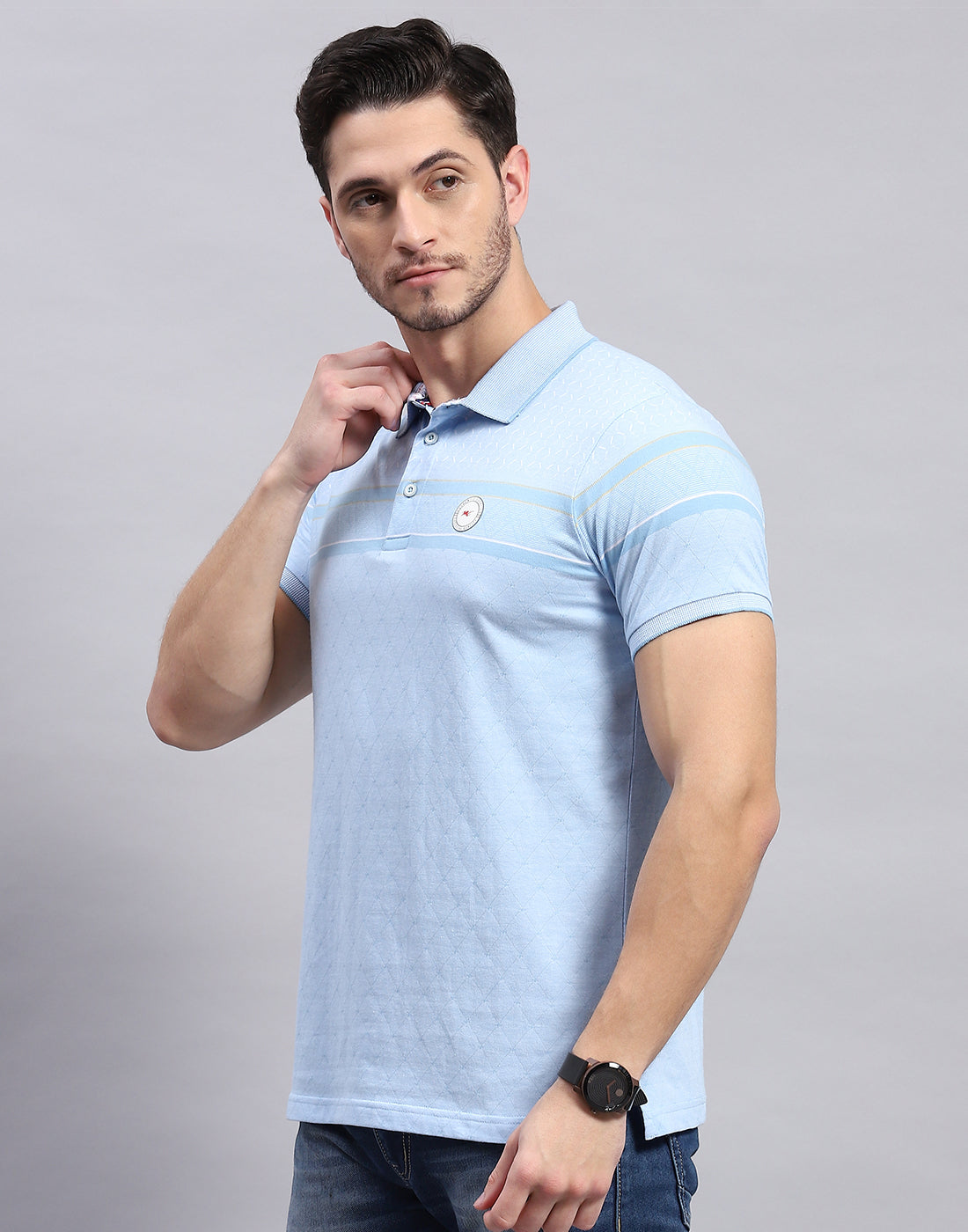 Men Sky Blue Stripe Polo Collar Half Sleeve T-Shirt