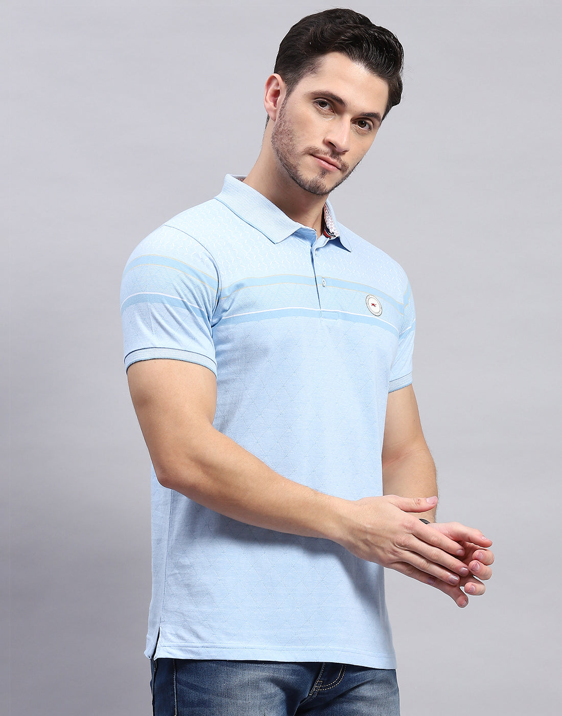 Men Sky Blue Stripe Polo Collar Half Sleeve T-Shirt