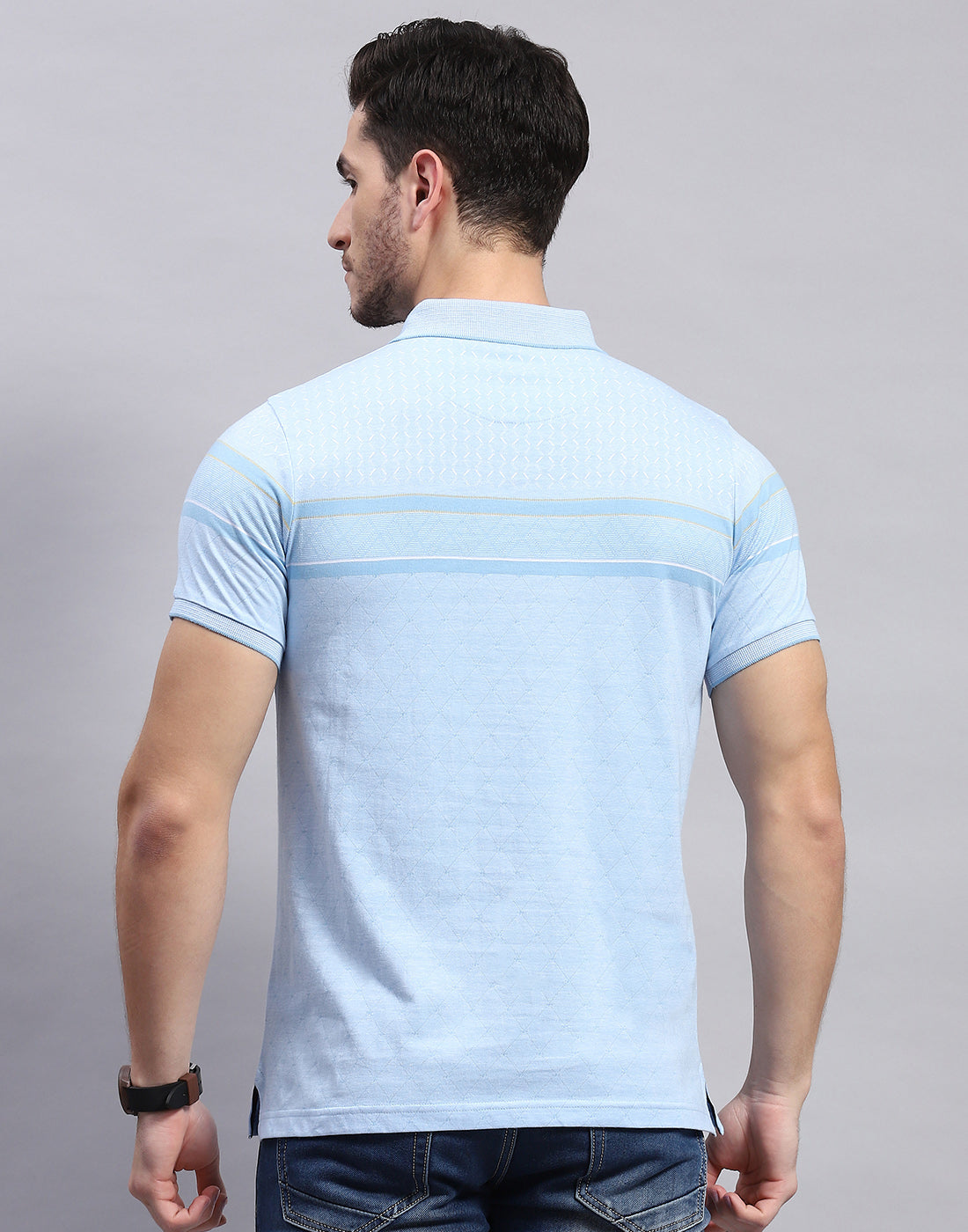 Men Sky Blue Stripe Polo Collar Half Sleeve T-Shirt