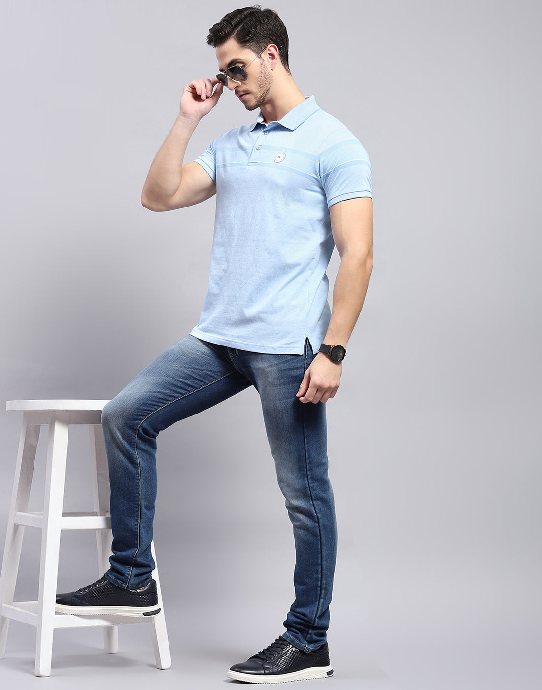 Men Sky Blue Stripe Polo Collar Half Sleeve T-Shirt