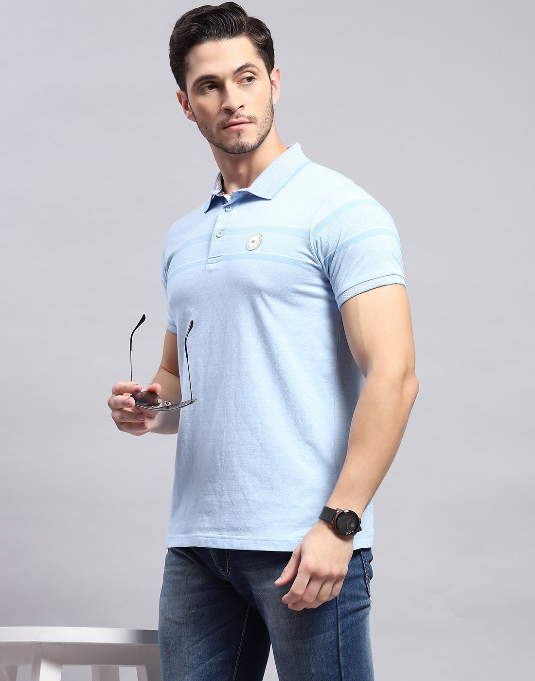 Men Sky Blue Stripe Polo Collar Half Sleeve T-Shirt