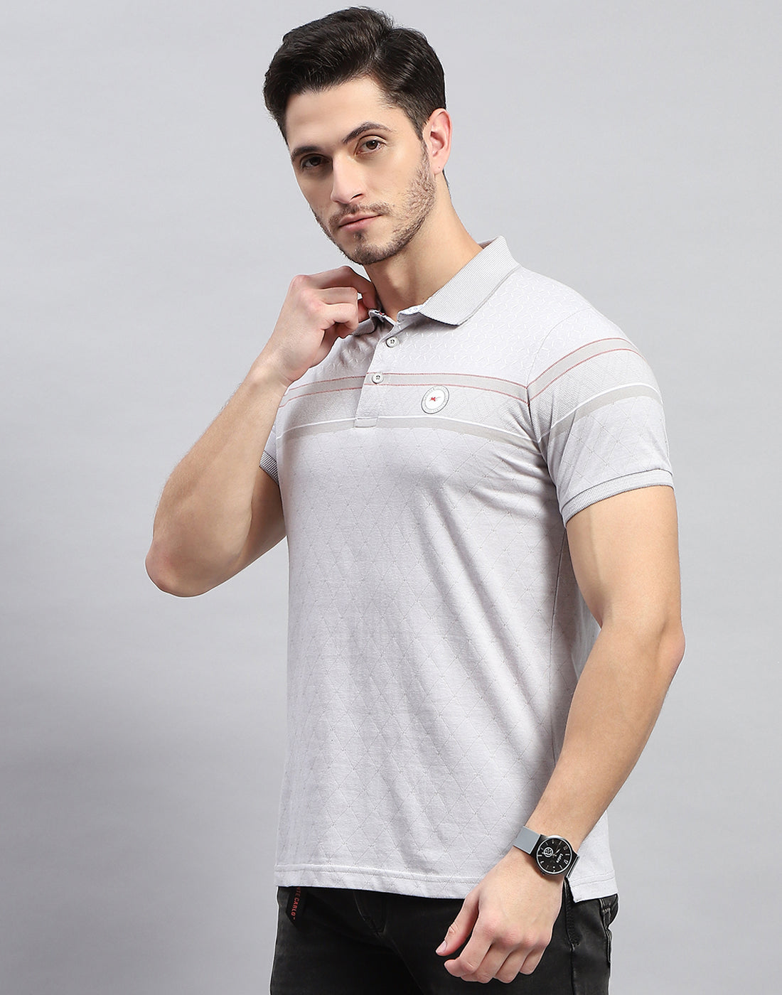 Men Grey Stripe Polo Collar Half Sleeve T-Shirt