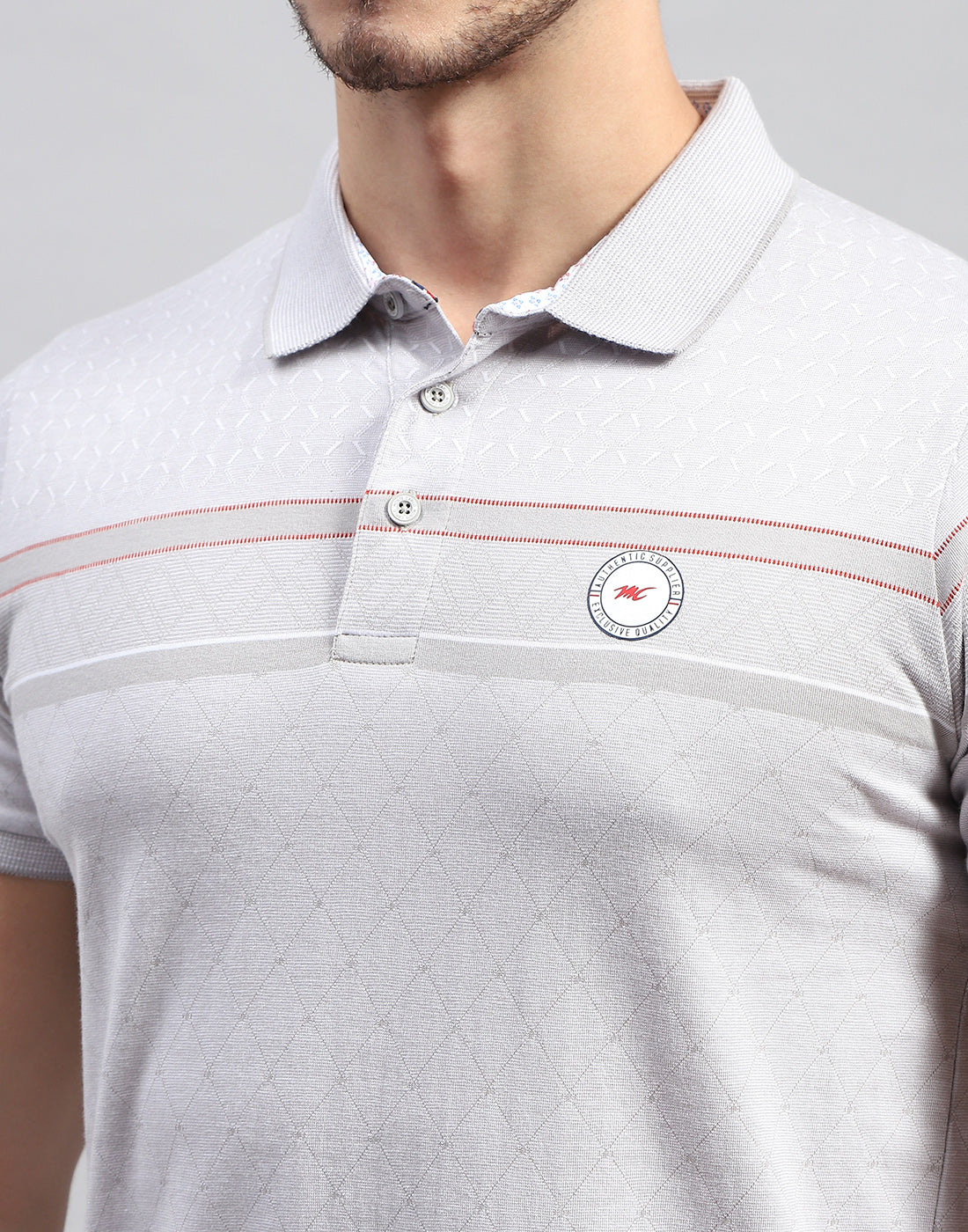 Men Grey Stripe Polo Collar Half Sleeve T-Shirt