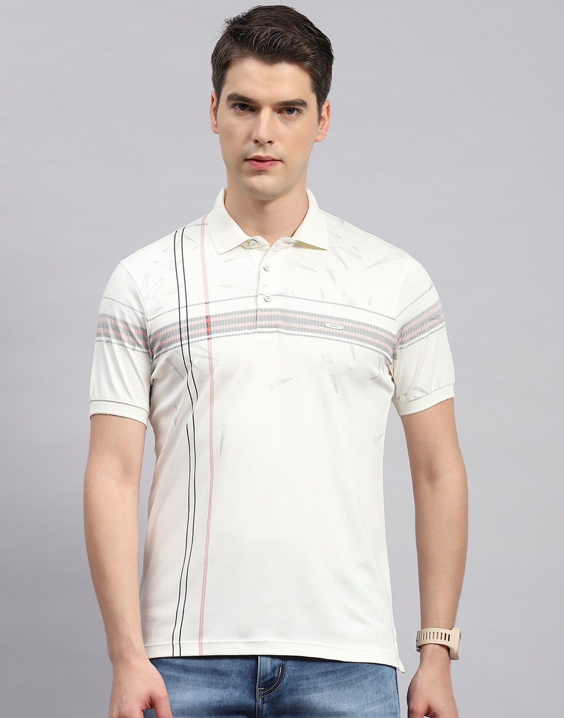 Men Off White Printed Polo Collar Half Sleeve T-Shirt