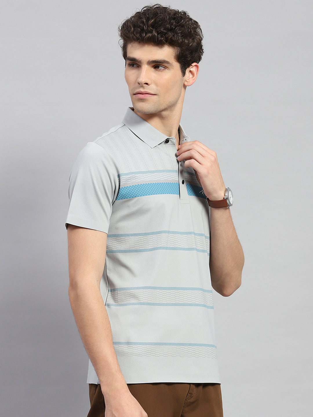 Men Grey Printed Polo Collar Half Sleeve T-Shirt