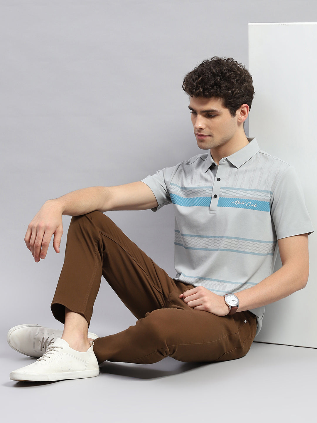 Men Grey Printed Polo Collar Half Sleeve T-Shirt