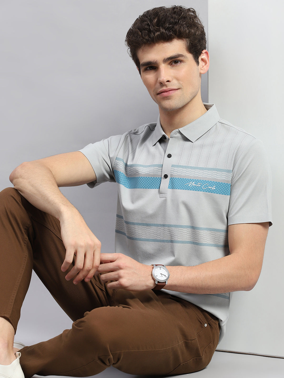 Men Grey Printed Polo Collar Half Sleeve T-Shirt