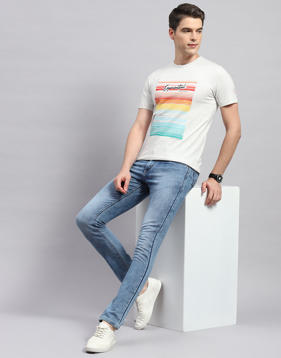 Men Grey Printed Round Neck Half Sleeve T-Shirt