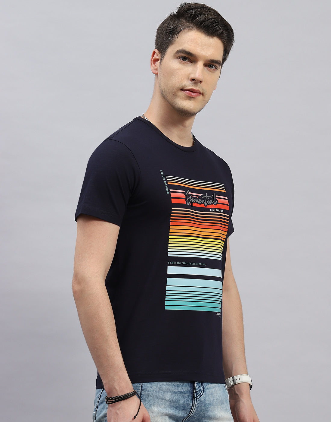 Men Navy Blue Printed Round Neck Half Sleeve T-Shirt