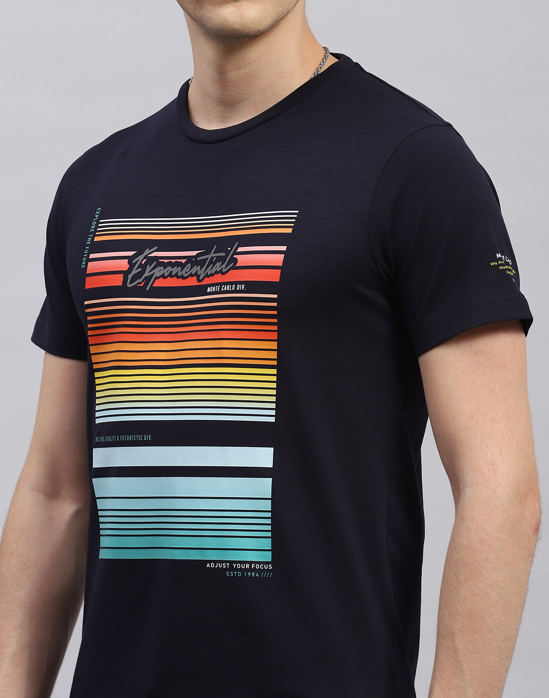 Men Navy Blue Printed Round Neck Half Sleeve T-Shirt