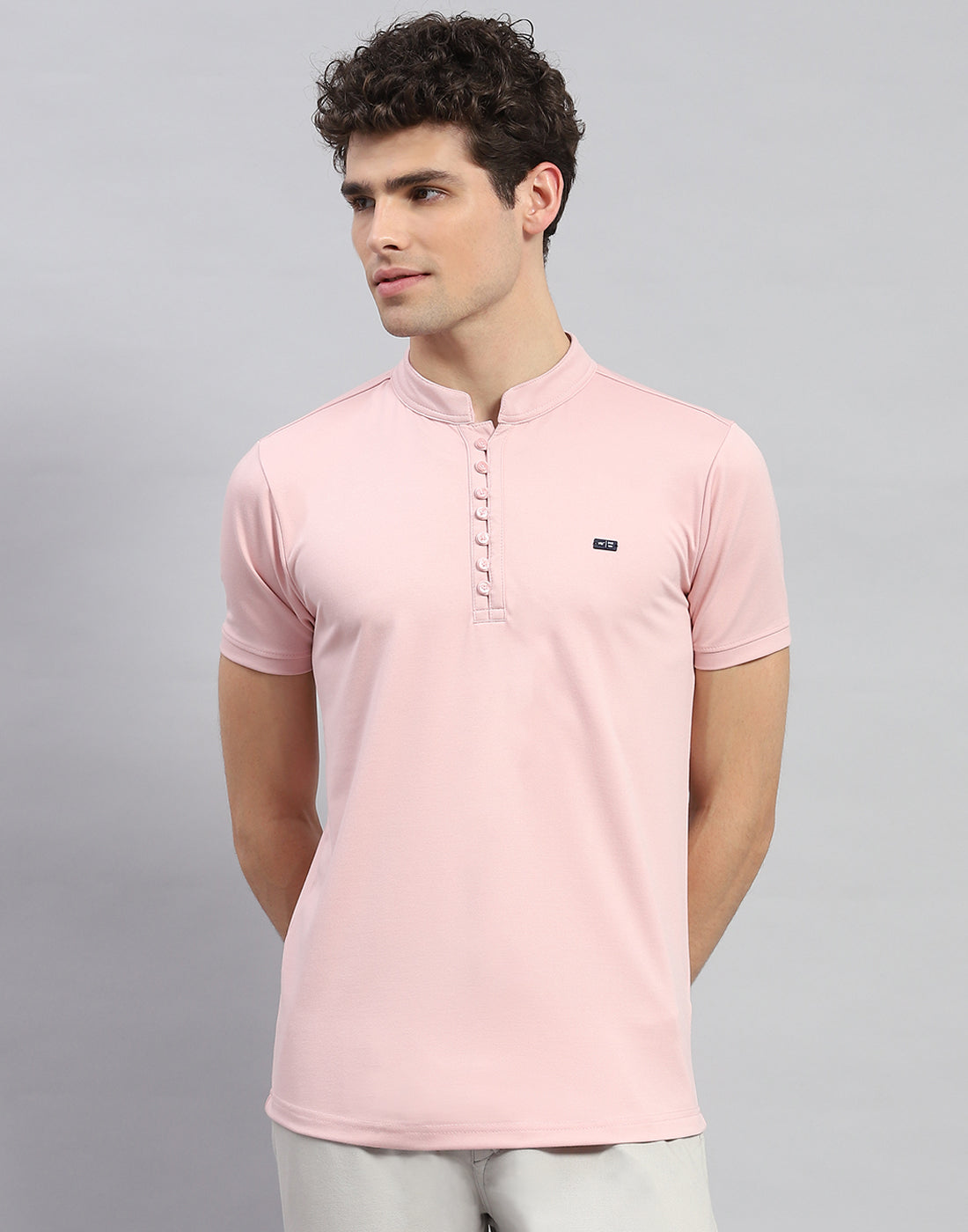 Men Pink Solid Mandarin Neck Half Sleeve T-Shirt