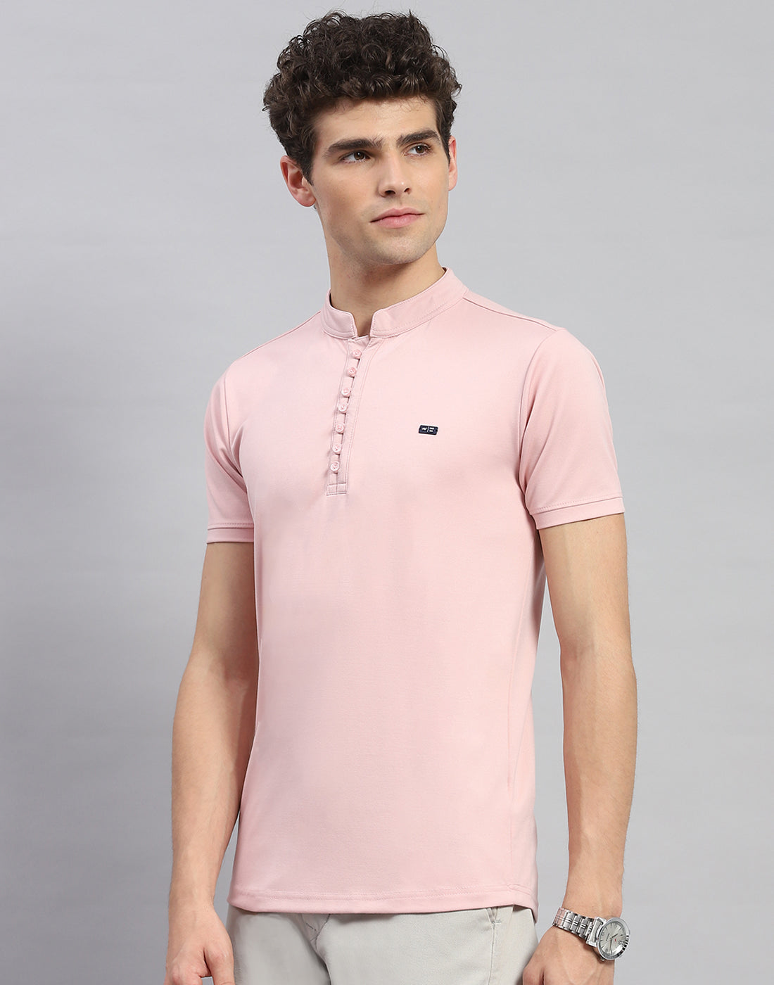 Men Pink Solid Mandarin Neck Half Sleeve T-Shirt