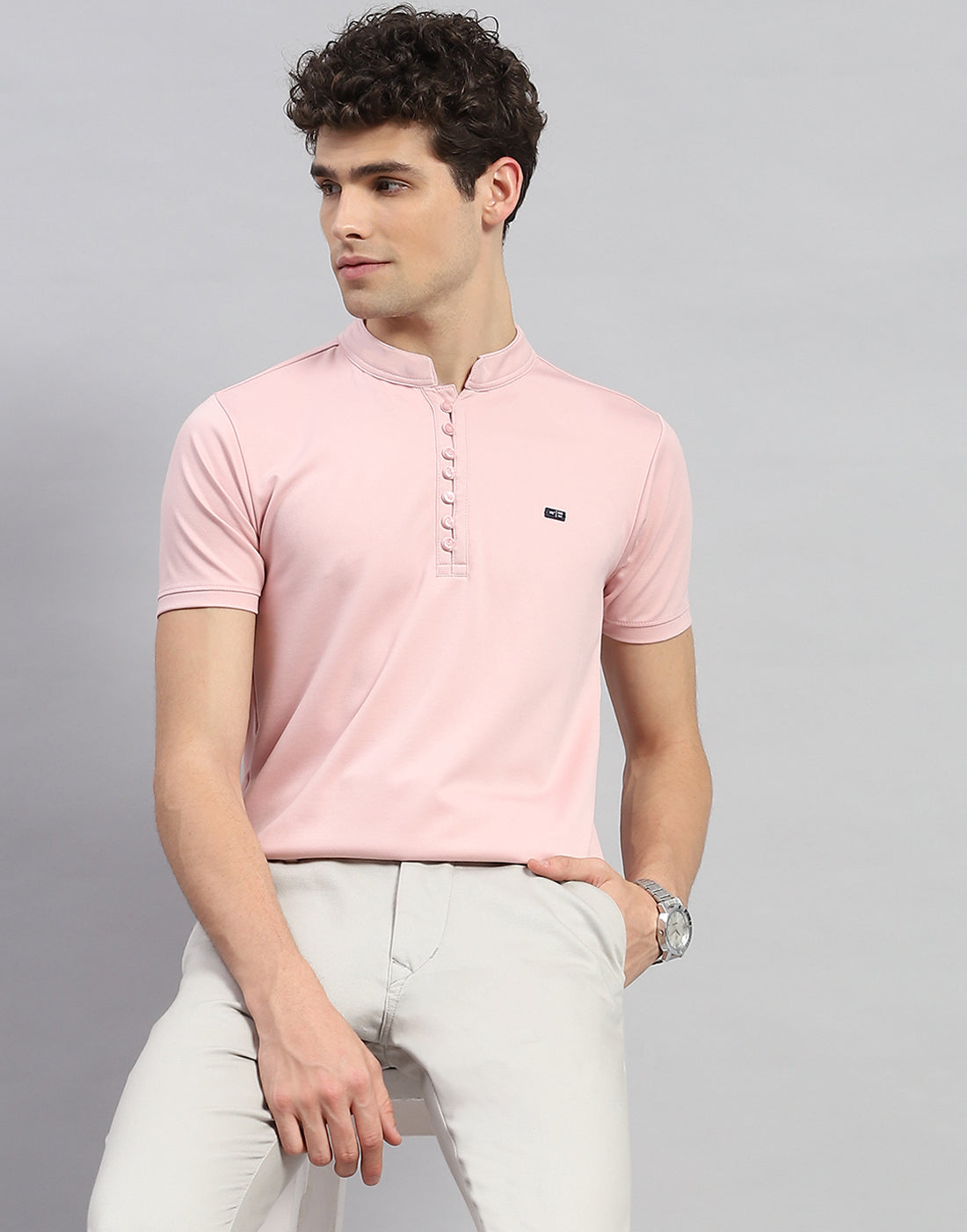 Men Pink Solid Mandarin Neck Half Sleeve T-Shirt
