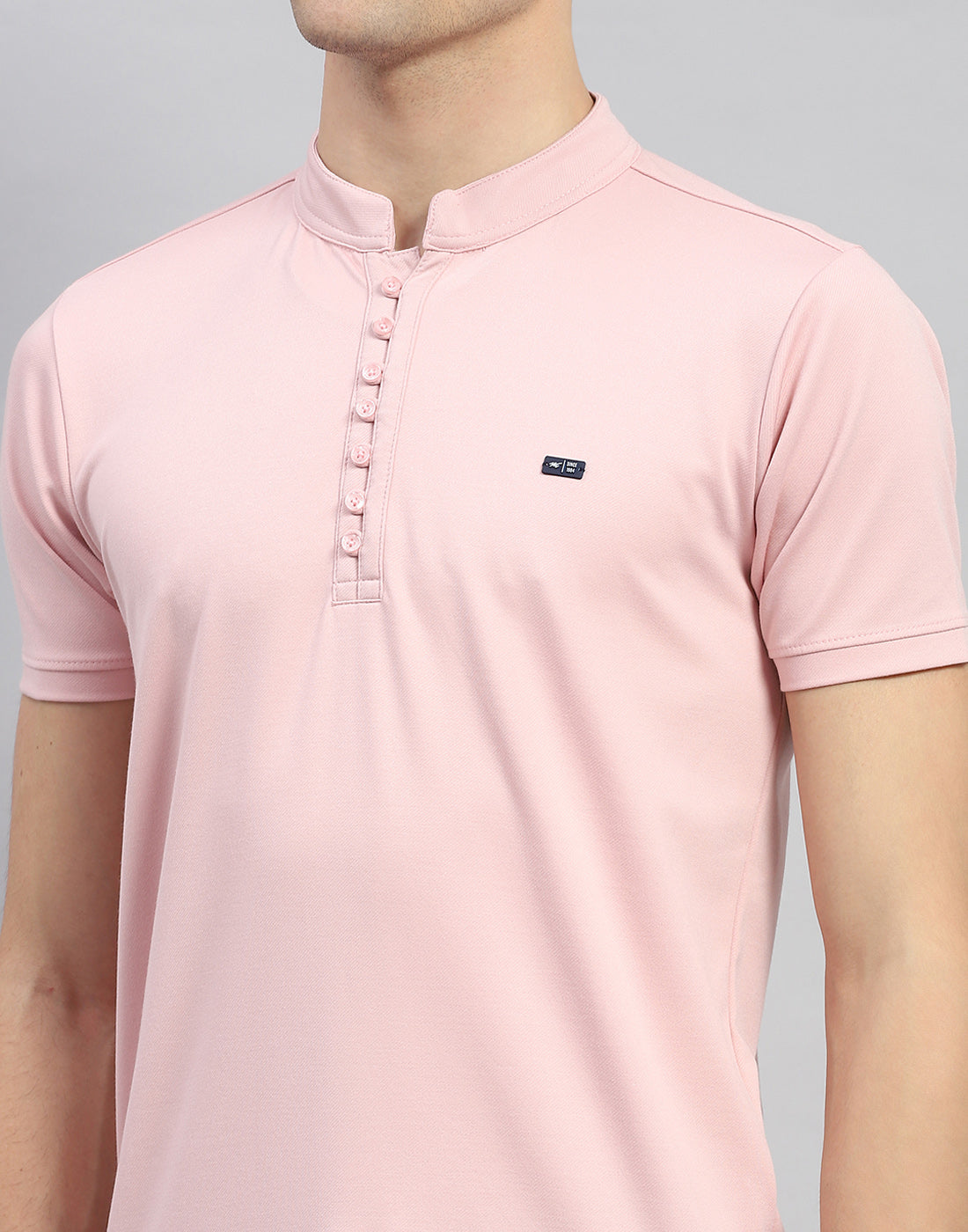 Men Pink Solid Mandarin Neck Half Sleeve T-Shirt