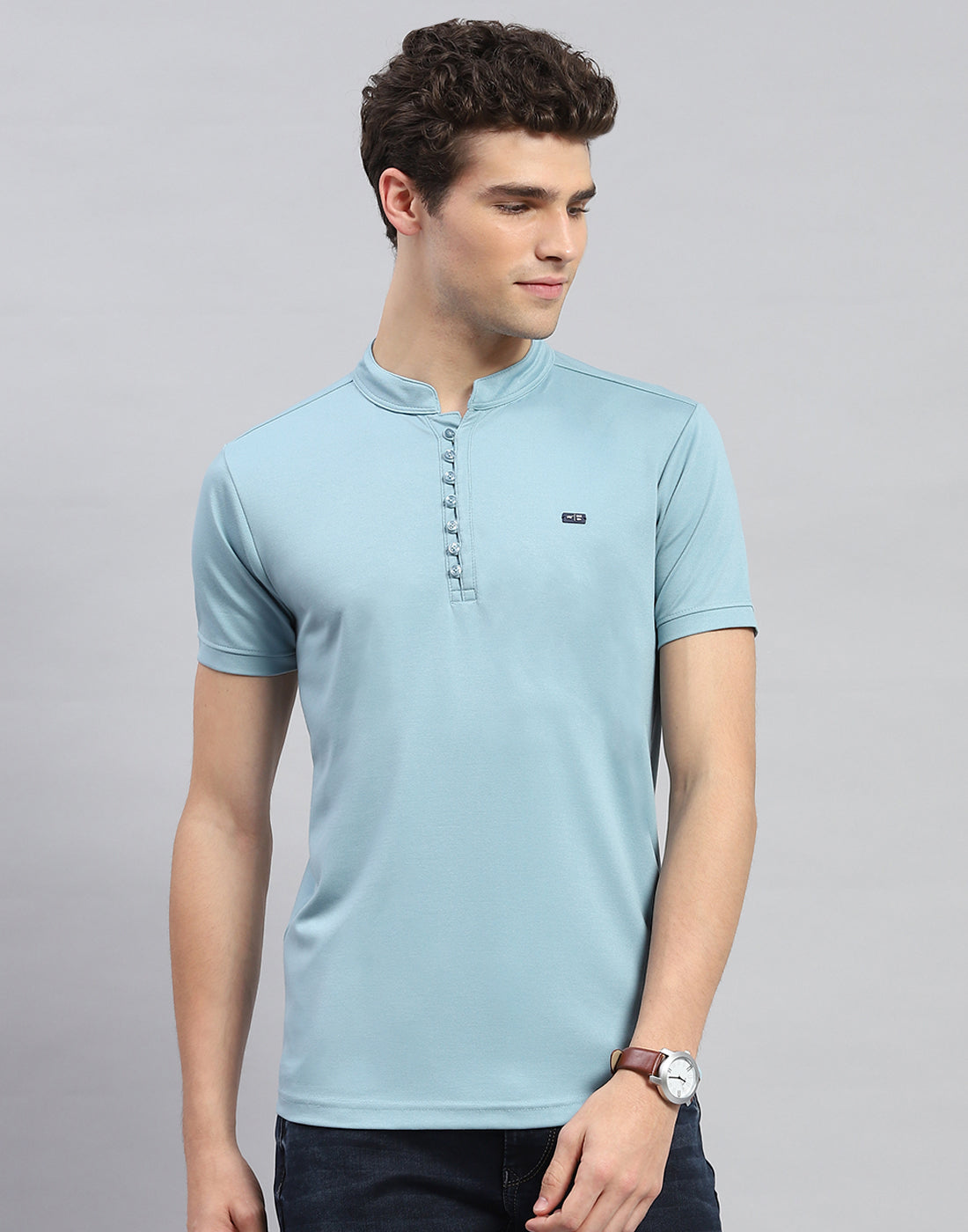 Men Sky Blue Solid  Mandarin Neck Half Sleeve T-Shirt