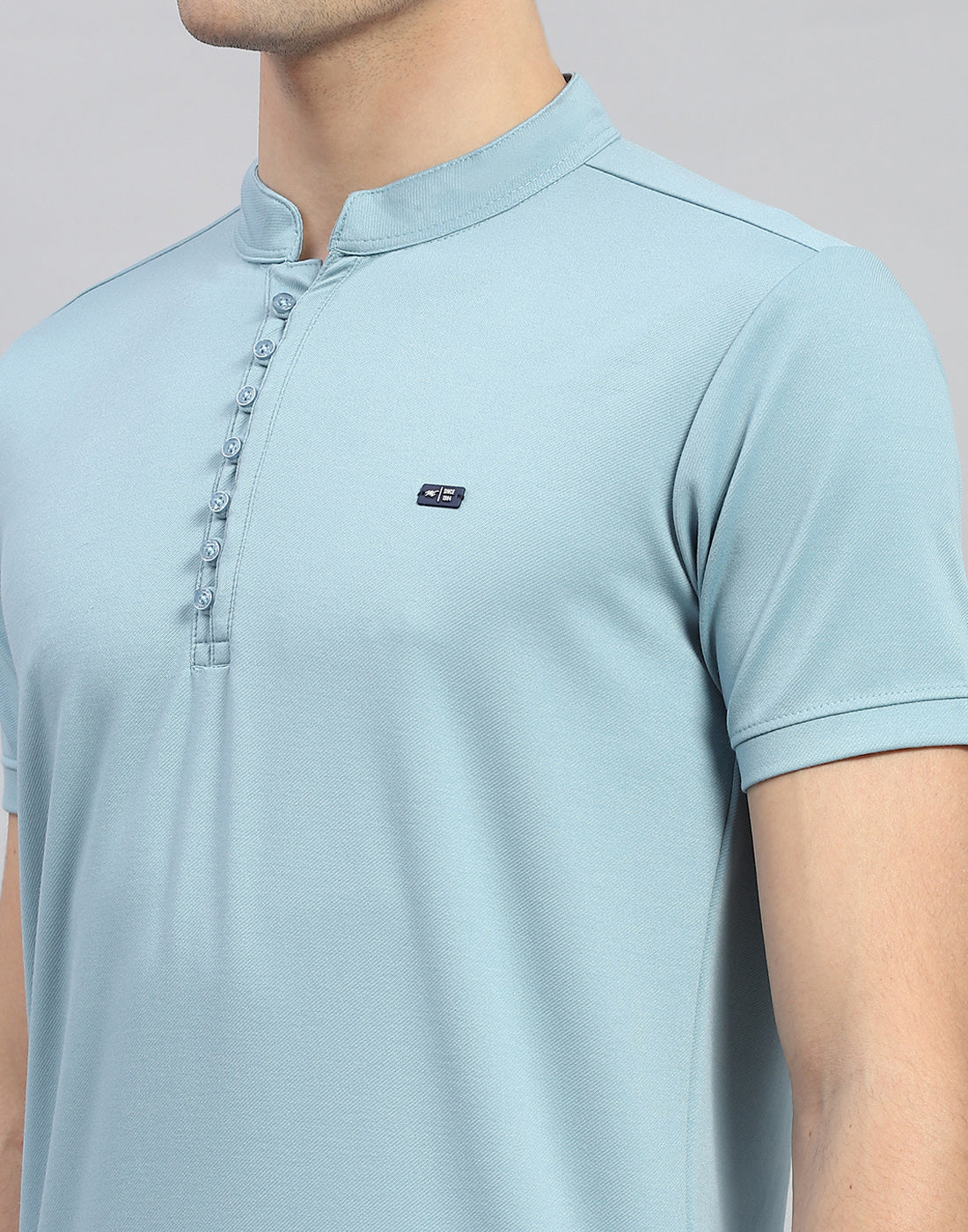 Men Sky Blue Solid Mandarin Neck Half Sleeve T-Shirt