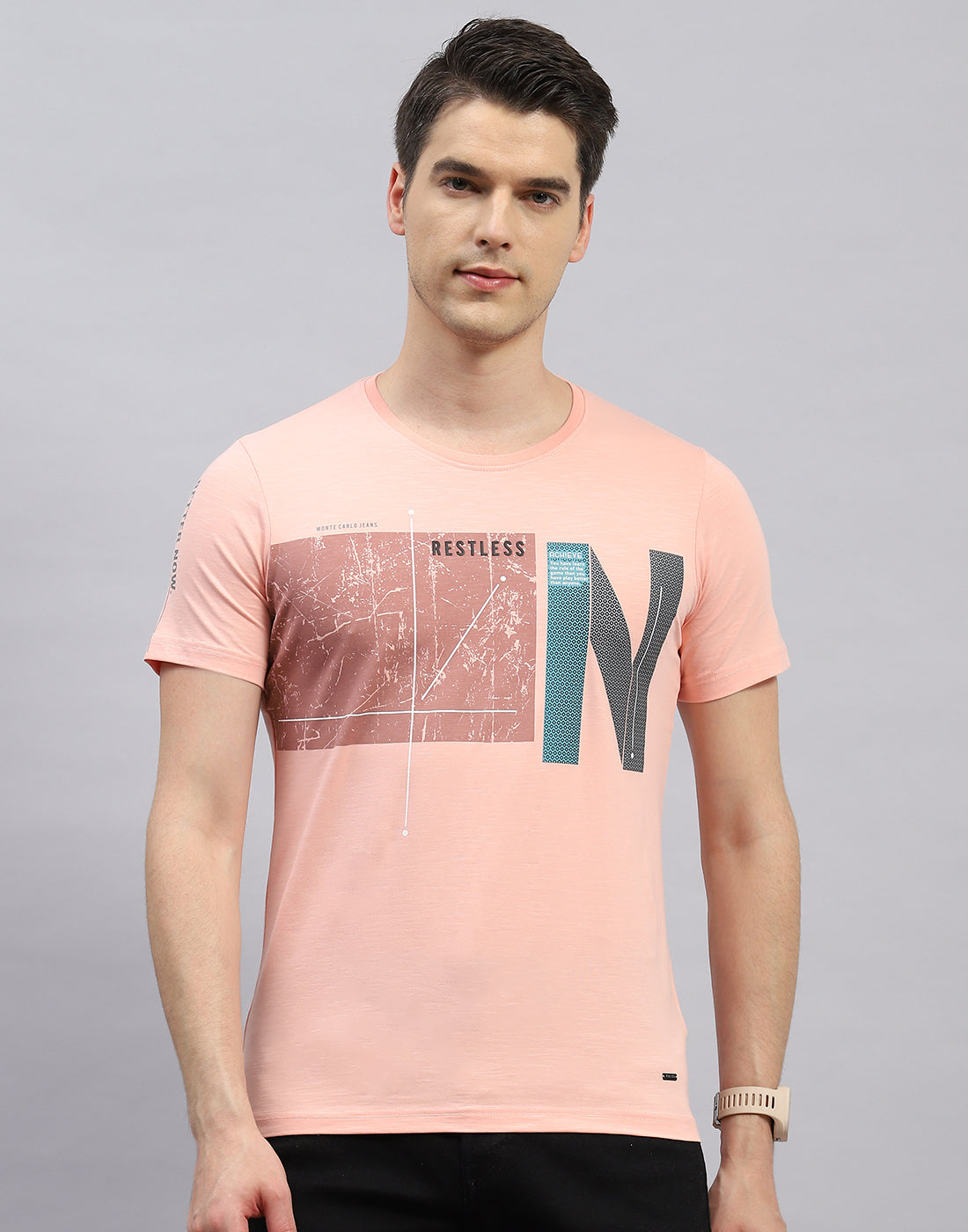 Men Pink Printed Round Neck Half Sleeve T-Shirt