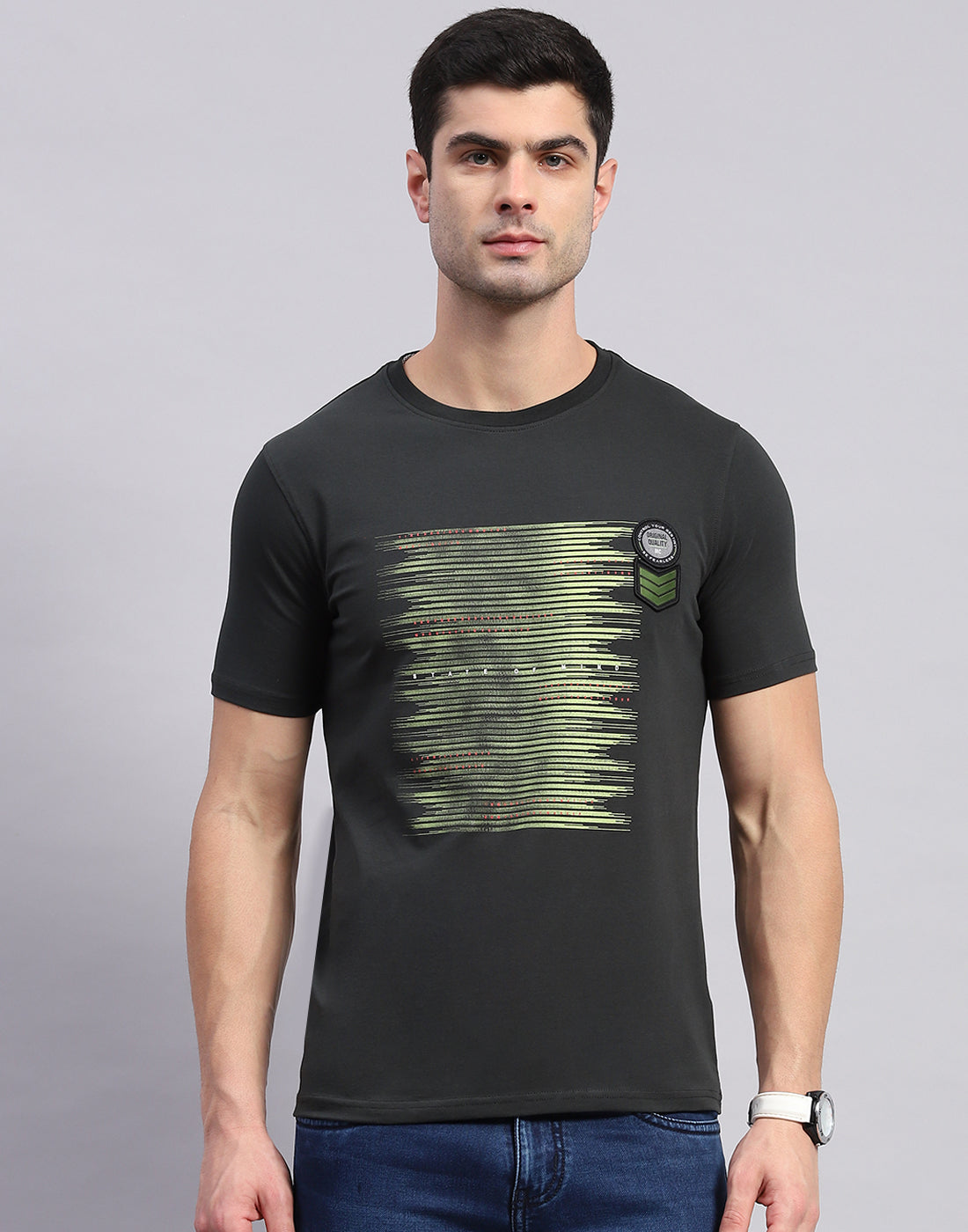 Men Olive Printed Round Neck Half Sleeve T-Shirt