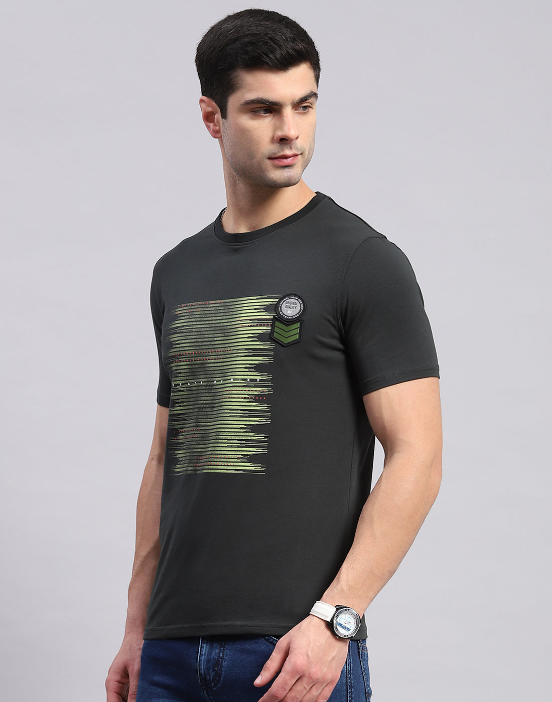 Men Olive Printed Round Neck Half Sleeve T-Shirt