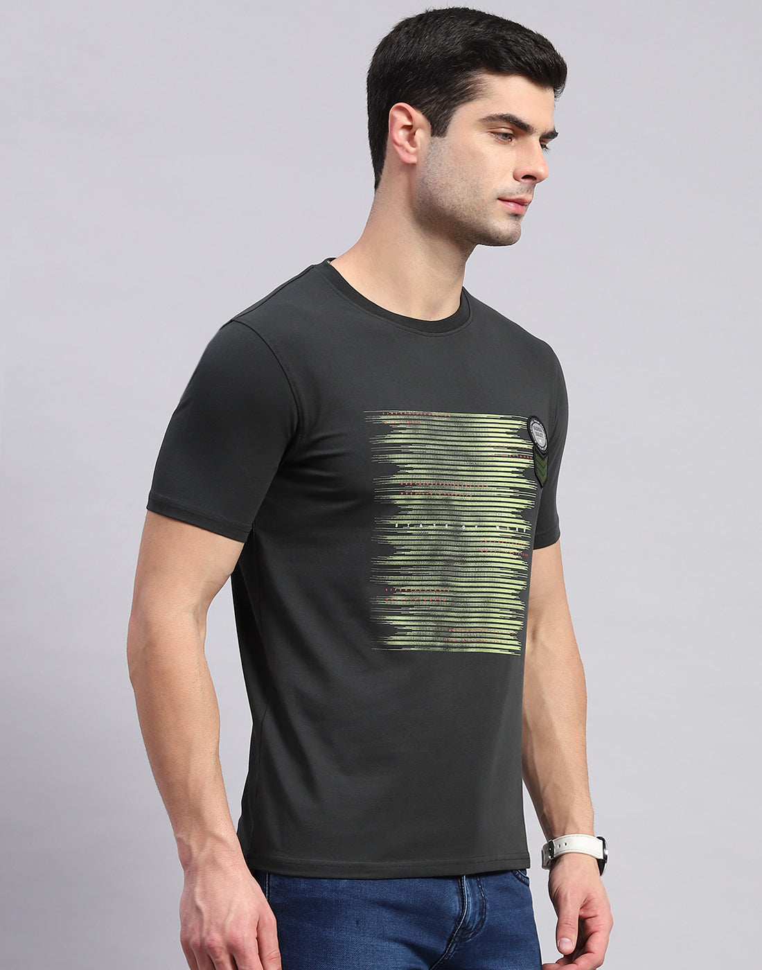 Men Olive Printed Round Neck Half Sleeve T-Shirt