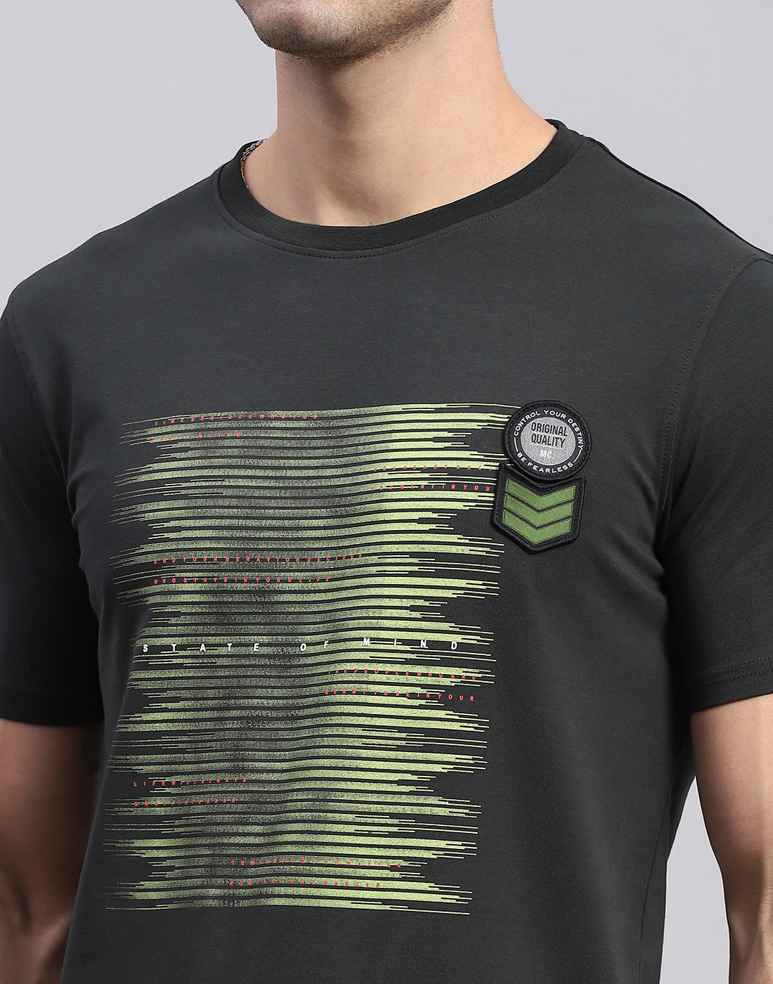 Men Olive Printed Round Neck Half Sleeve T-Shirt