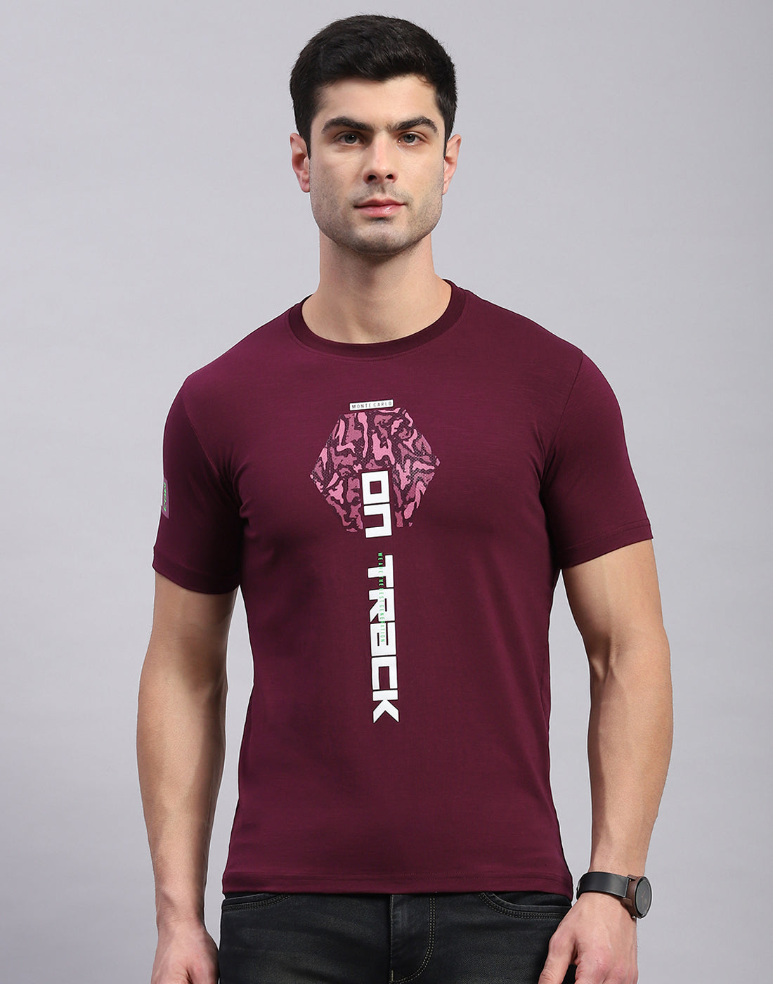 Men Maroon Printed Round Neck Half Sleeve T-Shirt