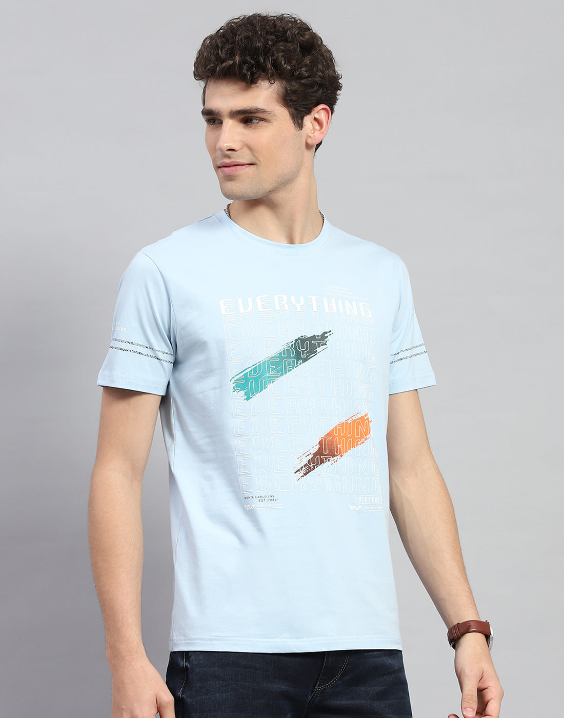 Men Sky Blue Printed Round Neck Half Sleeve T-Shirt