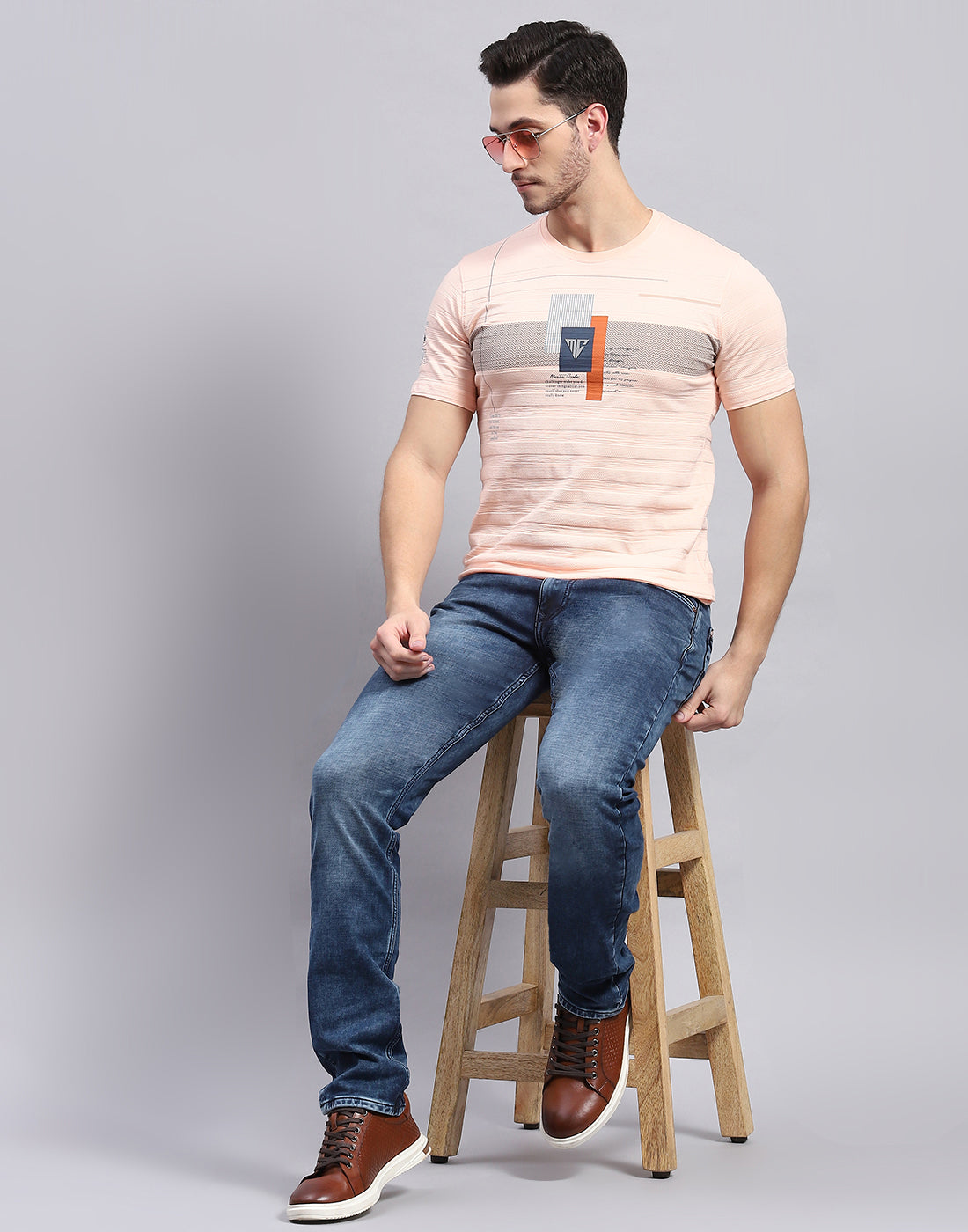 Men Peach Printed Round Neck Half Sleeve T-Shirt