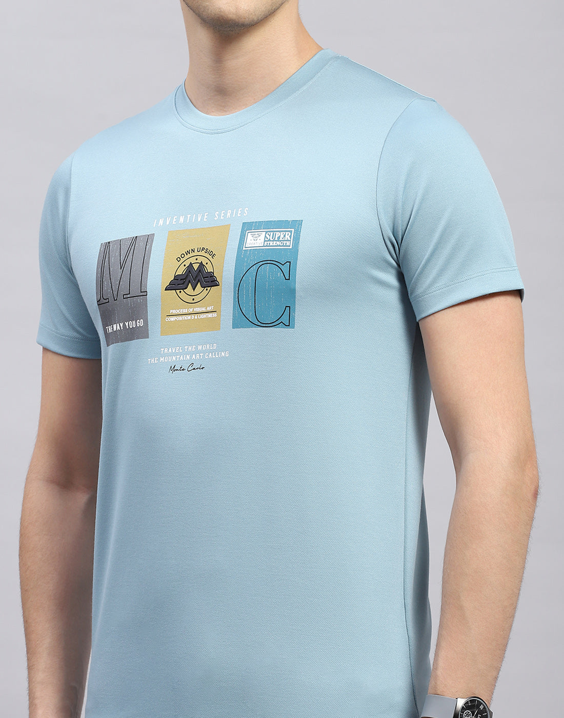 Men Sky Blue Printed Round Neck Half Sleeve T-Shirt