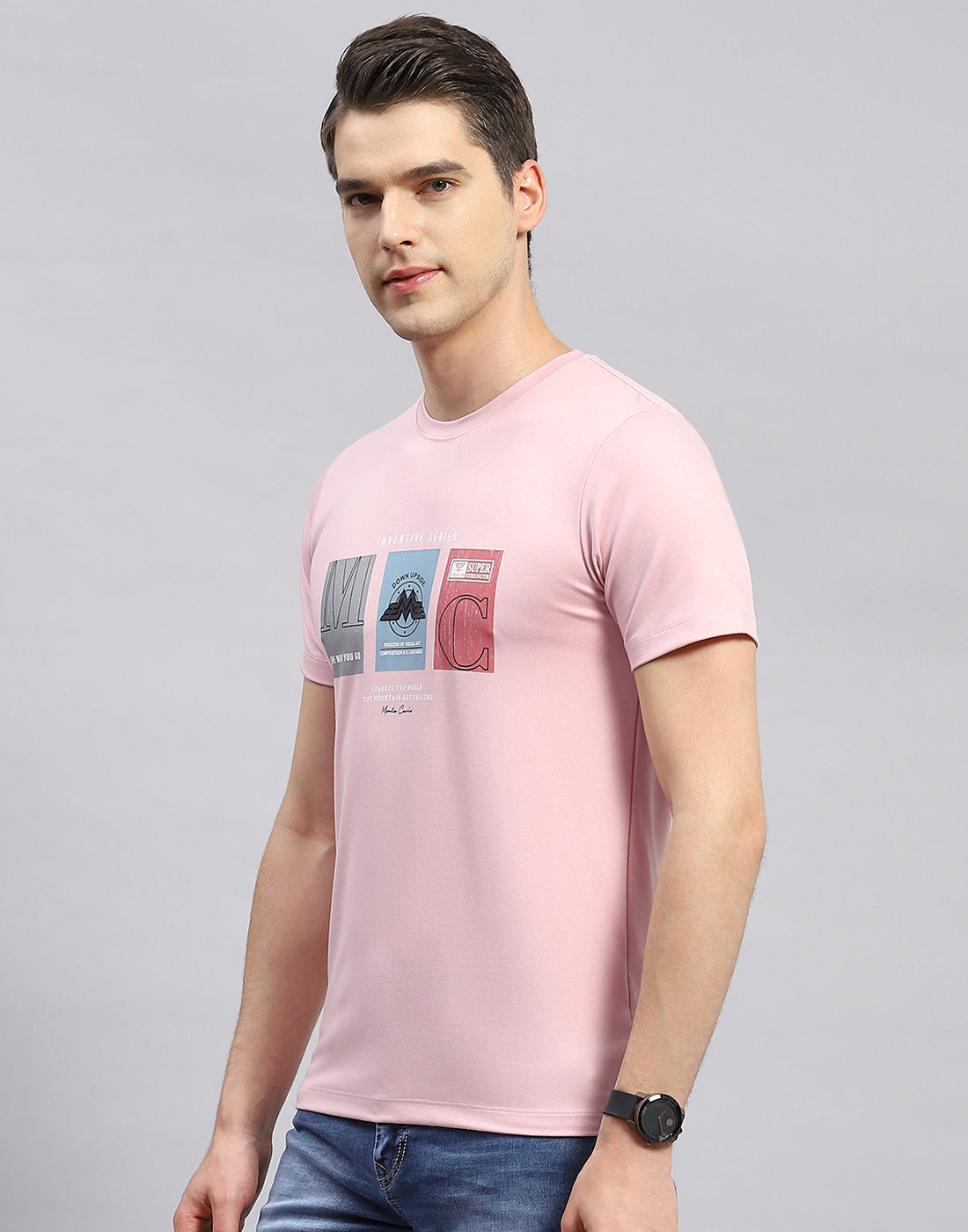 Men Pink Printed Round Neck Half Sleeve T-Shirt