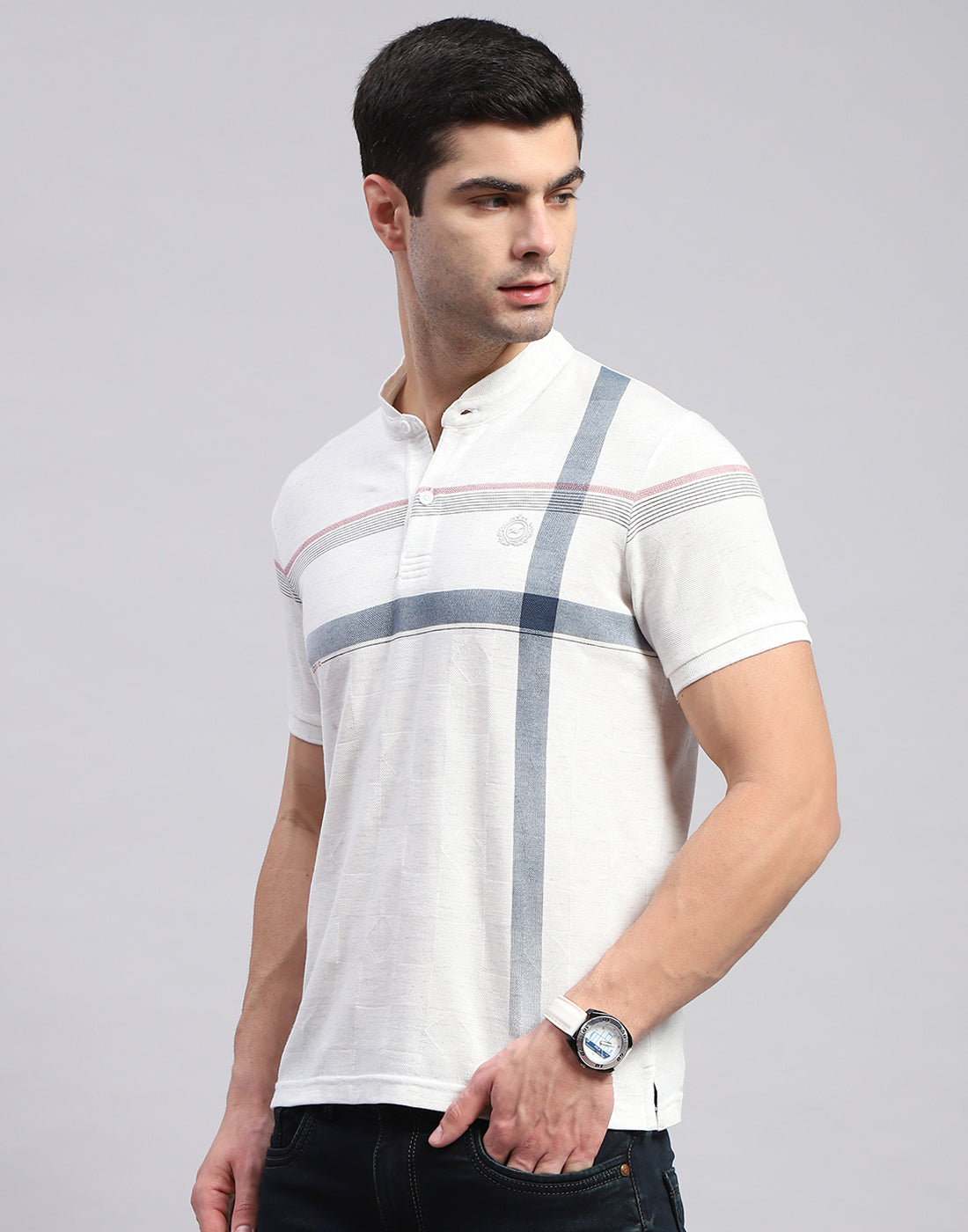 Men White Printed Mandarin Collar Half Sleeve T-Shirt