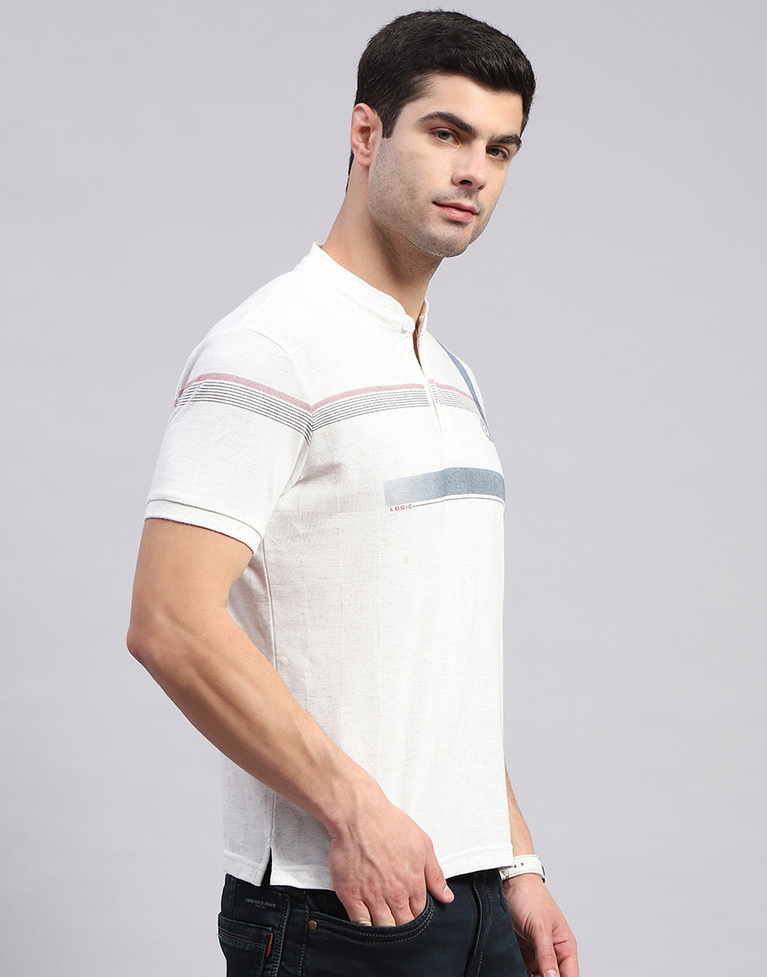 Men White Printed Mandarin Collar Half Sleeve T-Shirt