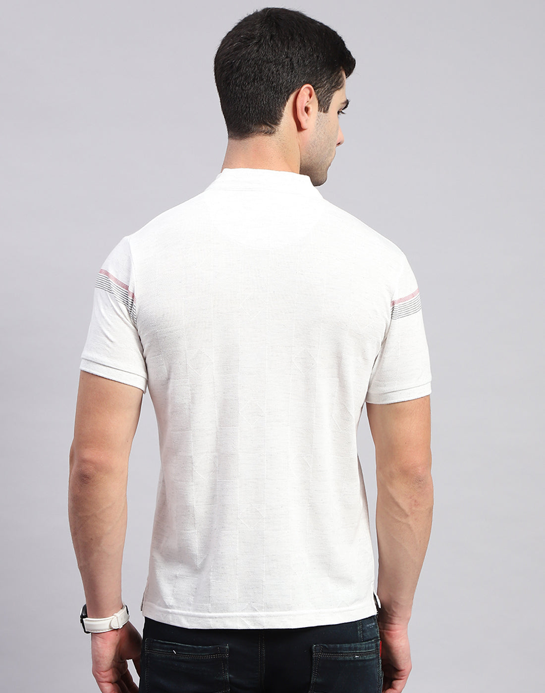 Men White Printed Mandarin Collar Half Sleeve T-Shirt