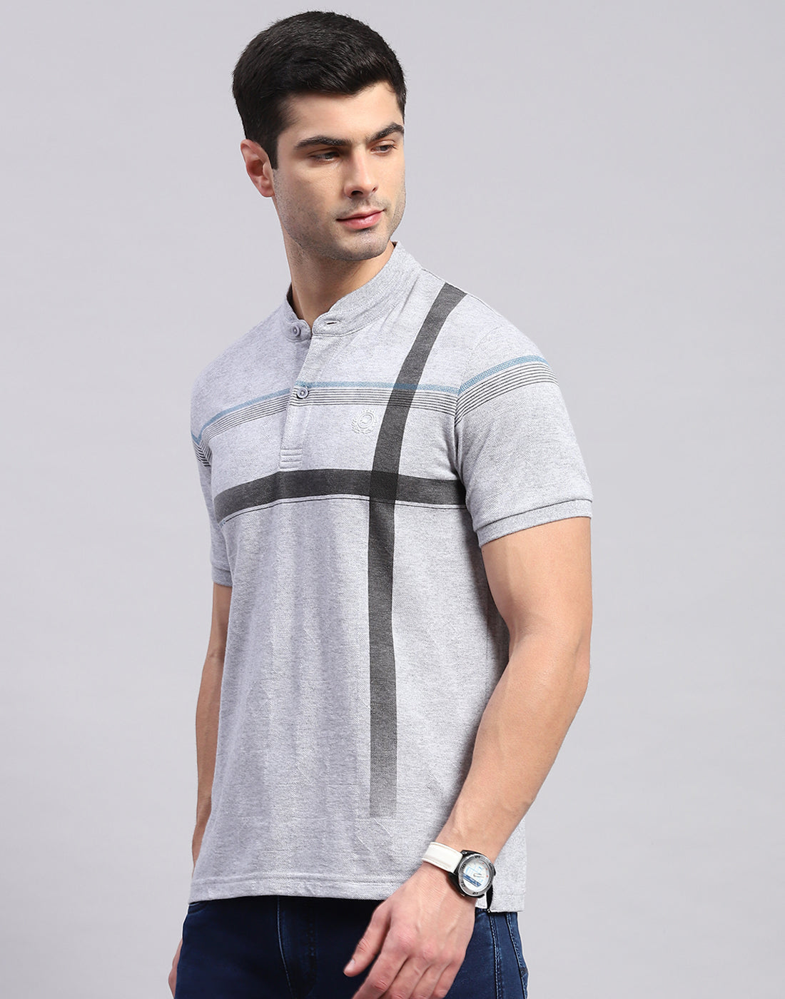 Men Grey Printed Mandarin Collar Half Sleeve T-Shirt