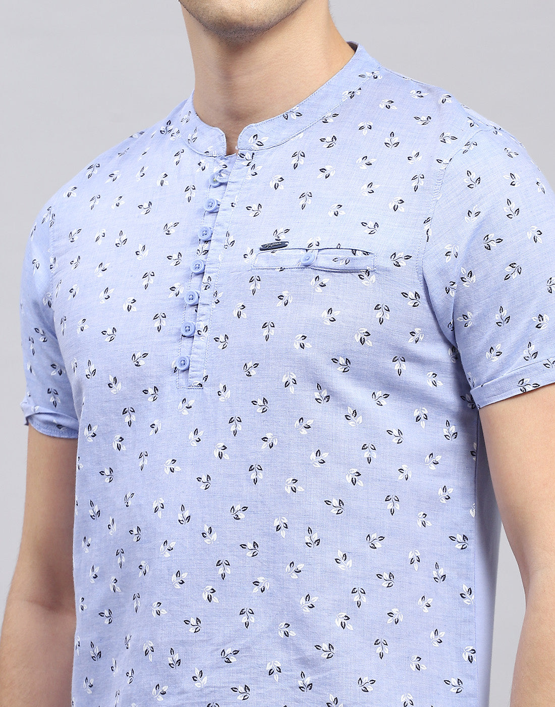 Men Sky Blue Printed Band Collar Half Sleeve T-Shirt