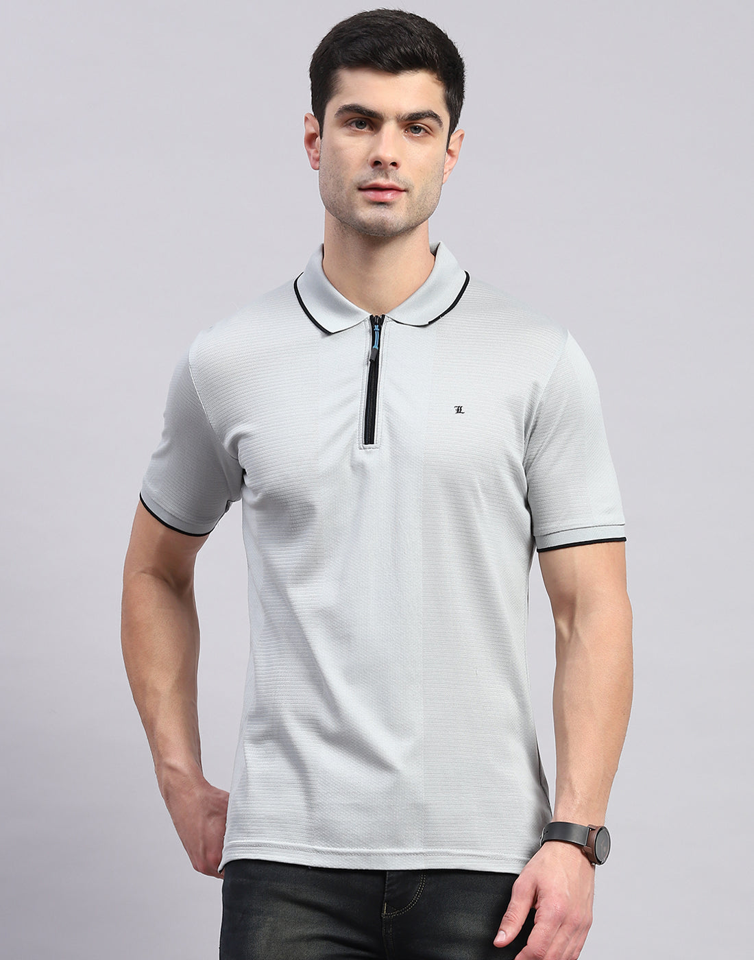 Men Grey Solid Polo Collar Half Sleeve T-Shirt