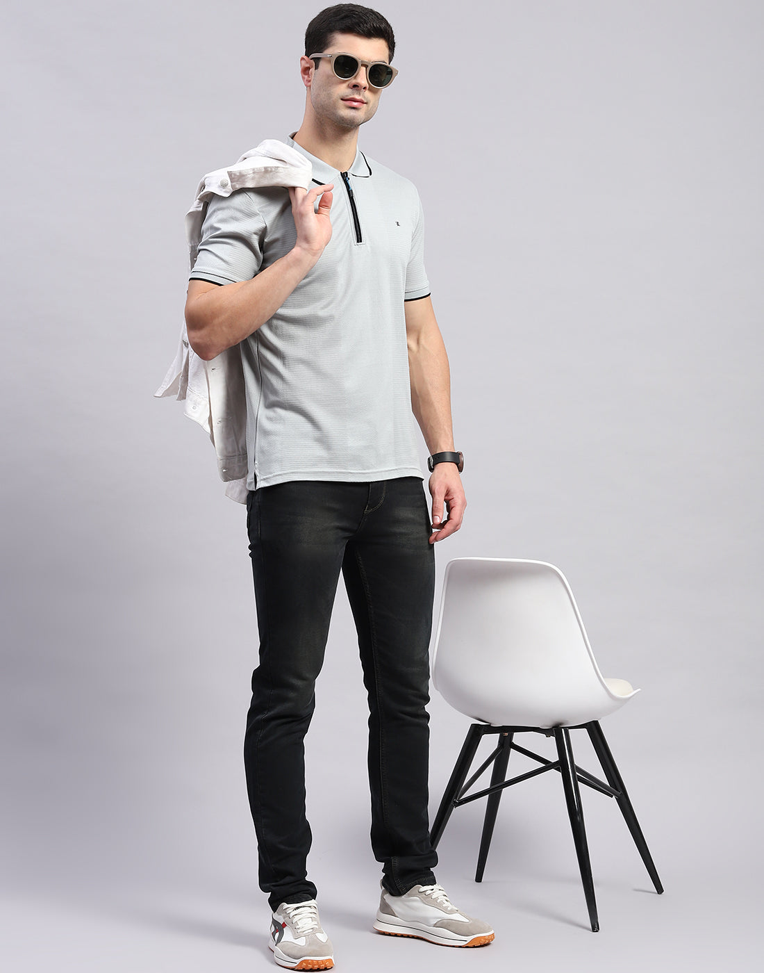 Men Grey Solid Polo Collar Half Sleeve T-Shirt