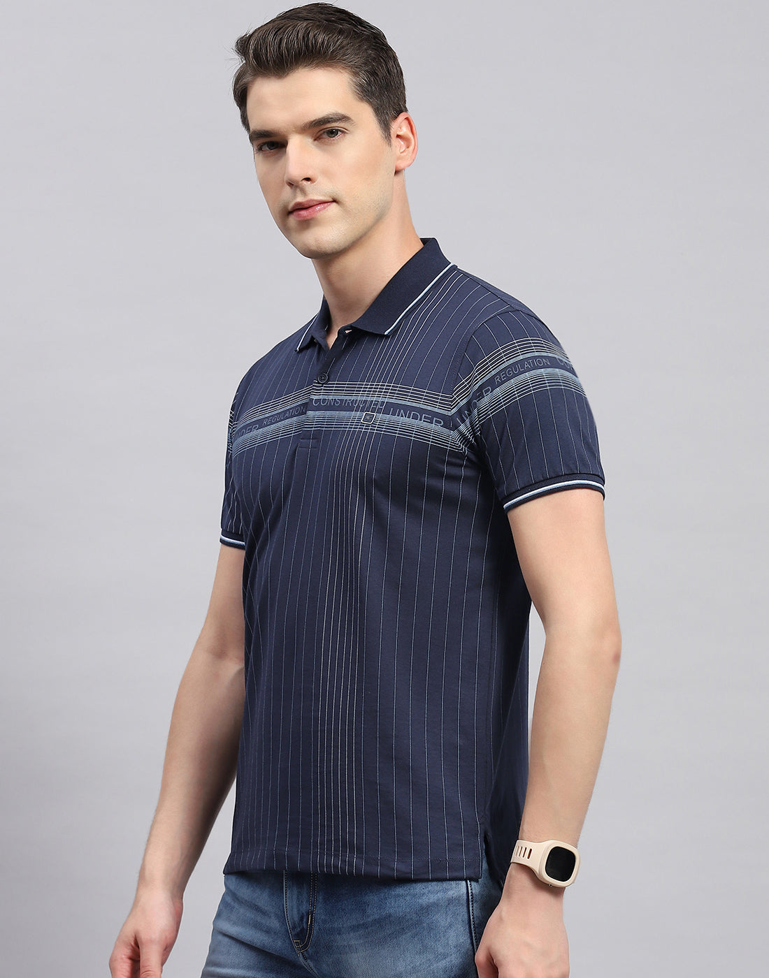 Men Navy Blue Printed Polo Collar Half Sleeve T-Shirt