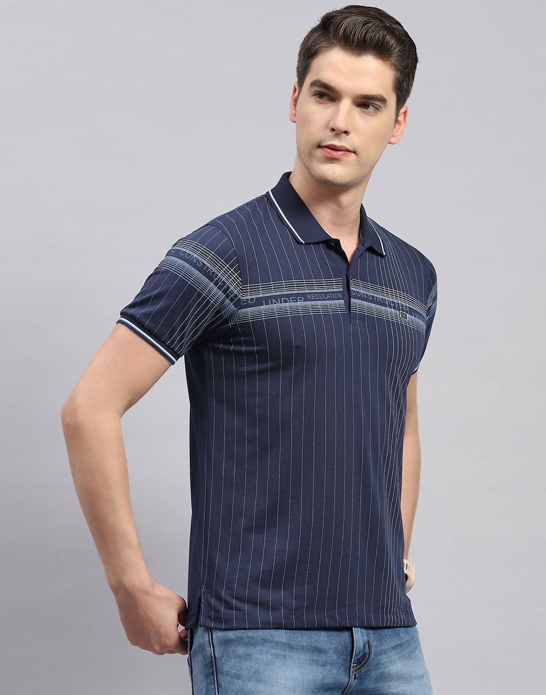 Men Navy Blue Printed Polo Collar Half Sleeve T-Shirt
