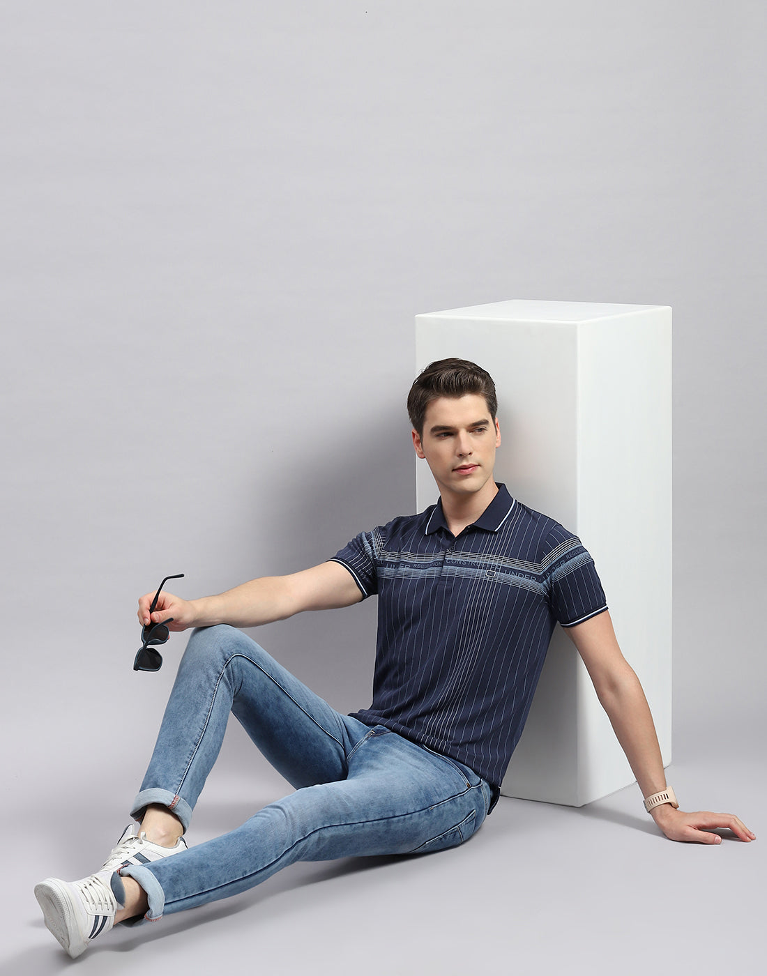 Men Navy Blue Printed Polo Collar Half Sleeve T-Shirt