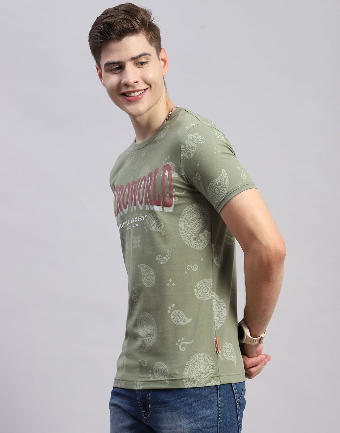 Men Olive Floral Print Collar Half Sleeve T-Shirt